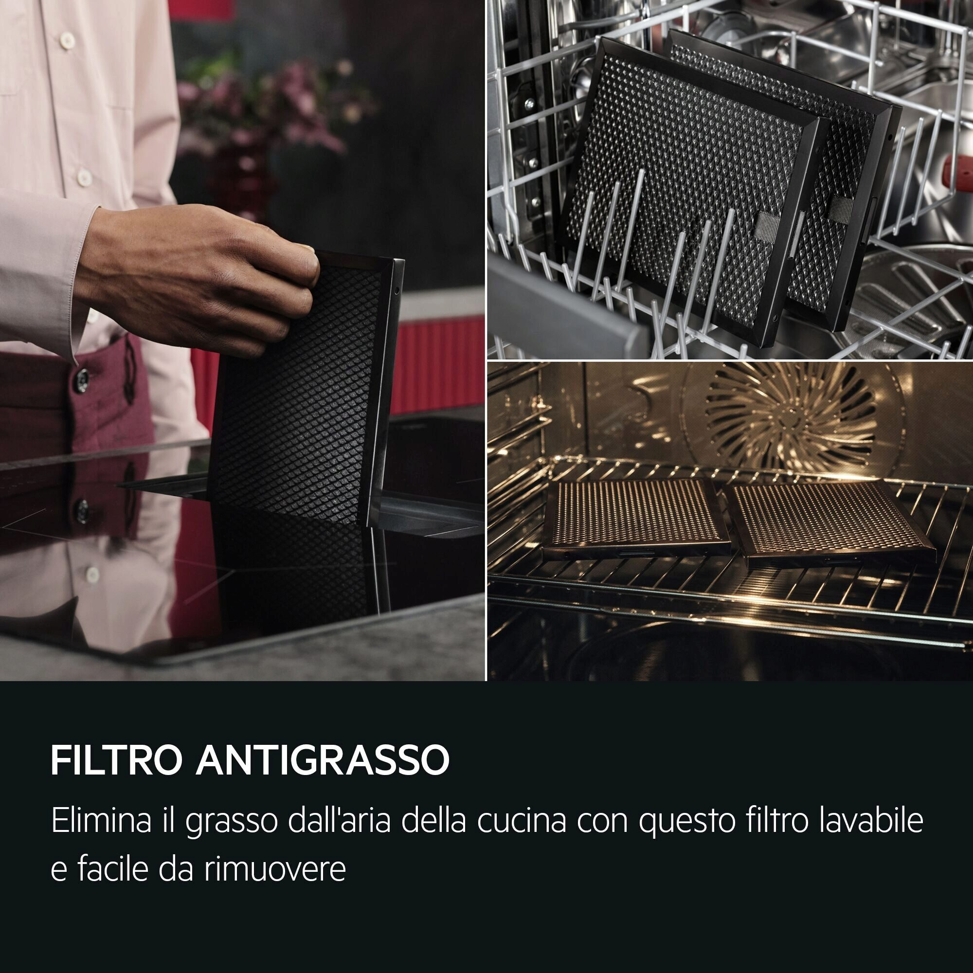 Un uomo tiene un filtro antigrasso, due filtri in lavastoviglie e due in forno.