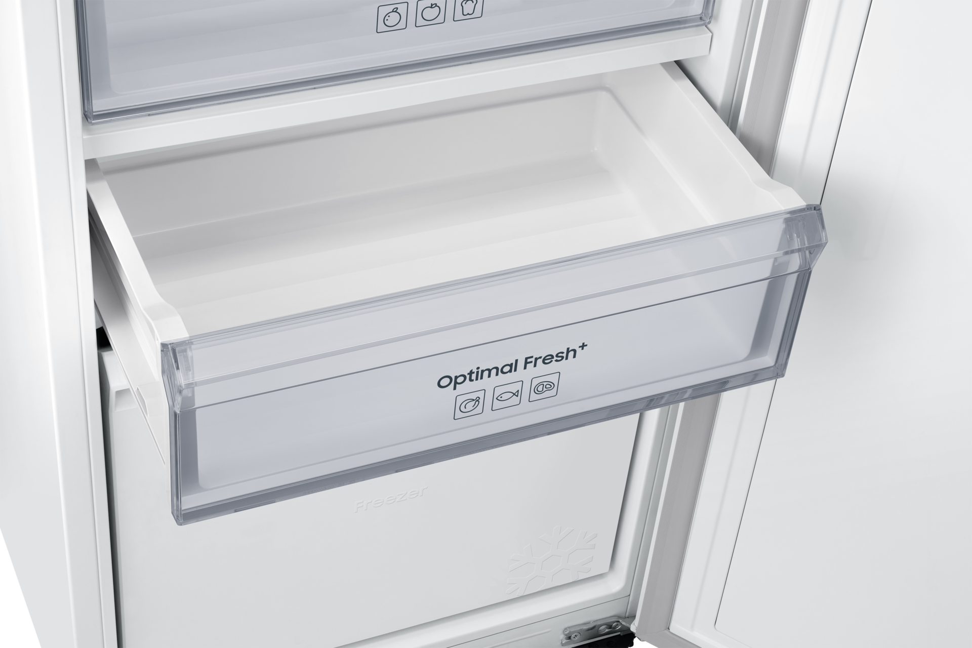 Innenansicht einer offenen Kühlschrankschublade mit der Aufschrift 'Optimal Fresh+'.