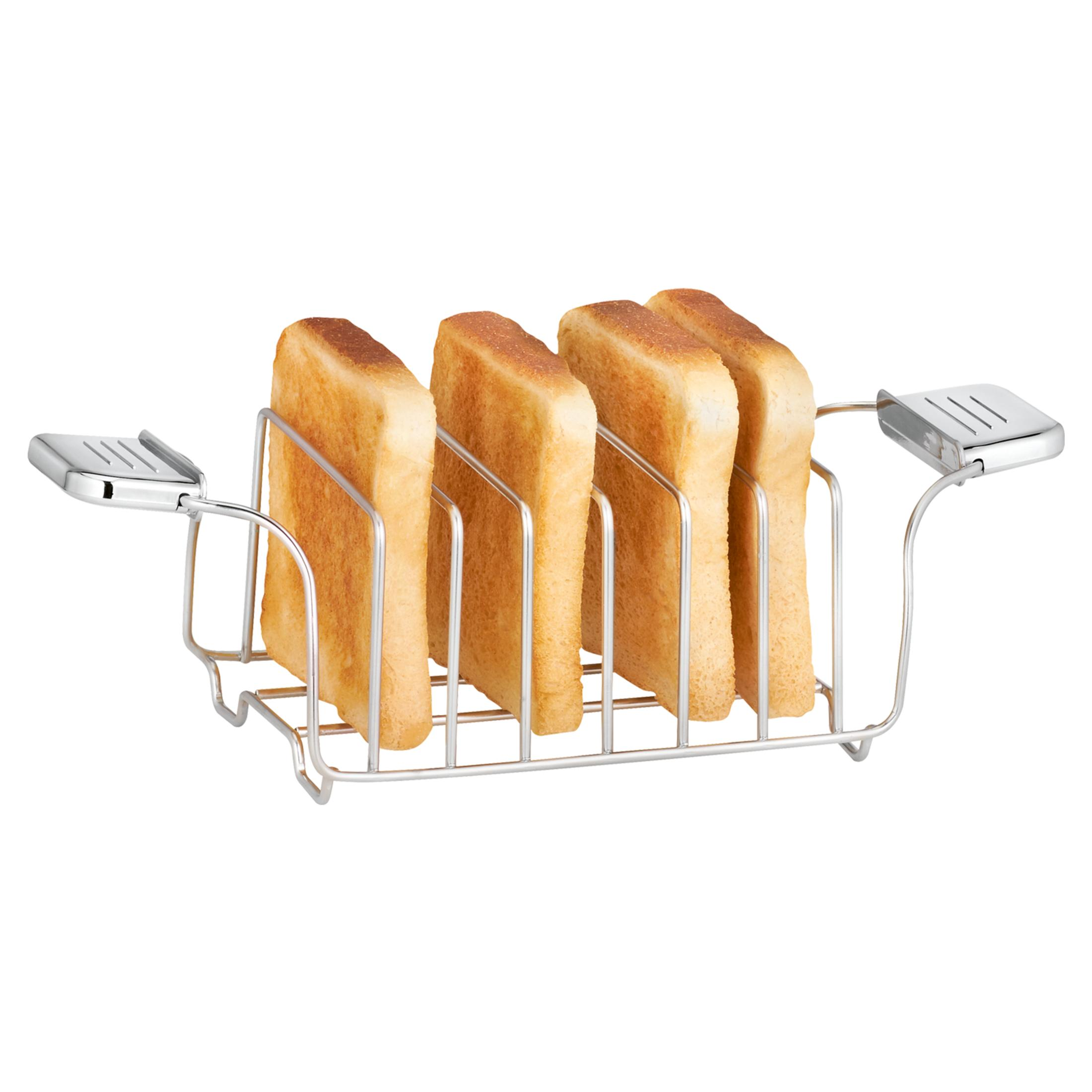 Quattro fette di pane tostato in un portatovaglioli d'argento.