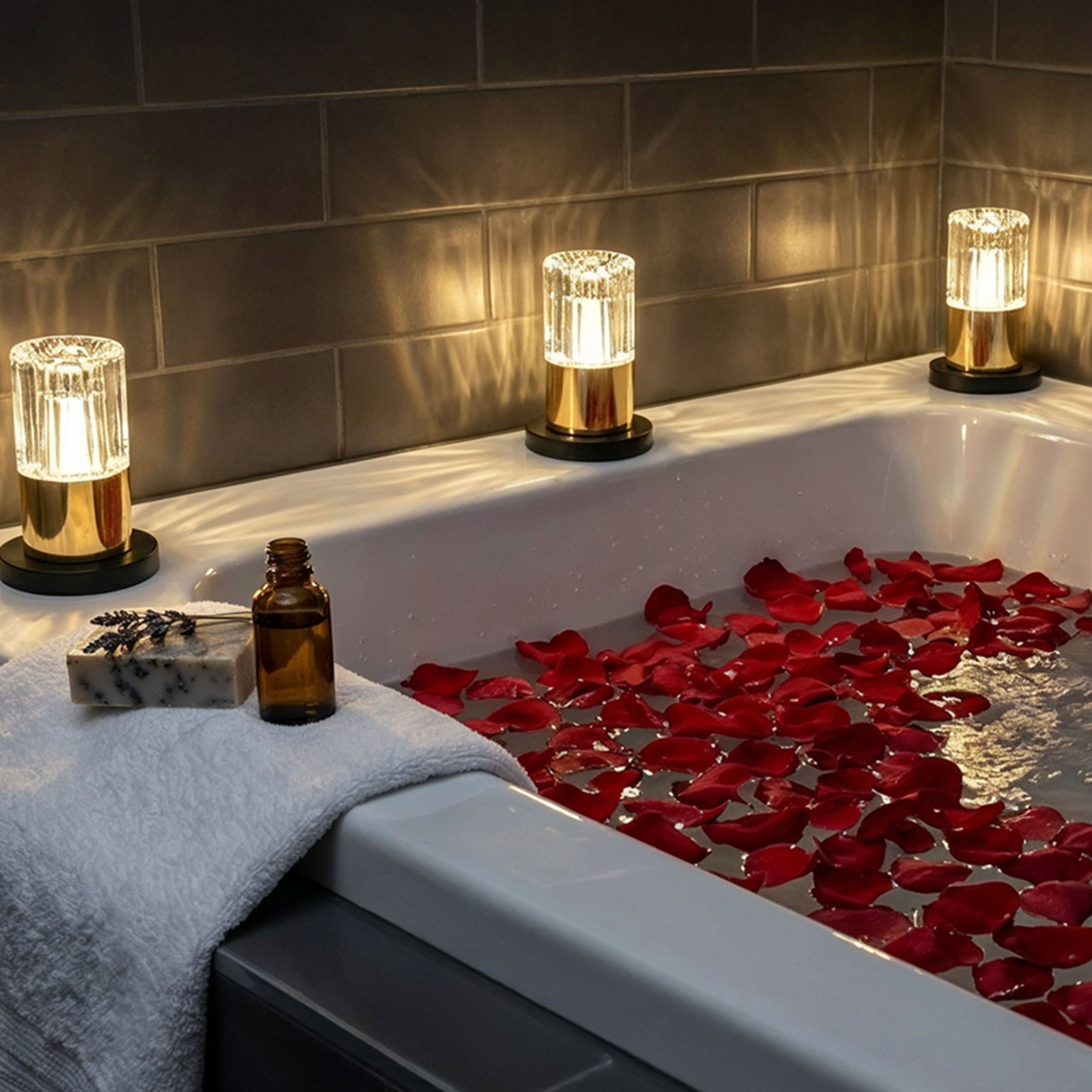 Badewanne mit Rosenblättern, Seife und Beleuchtung