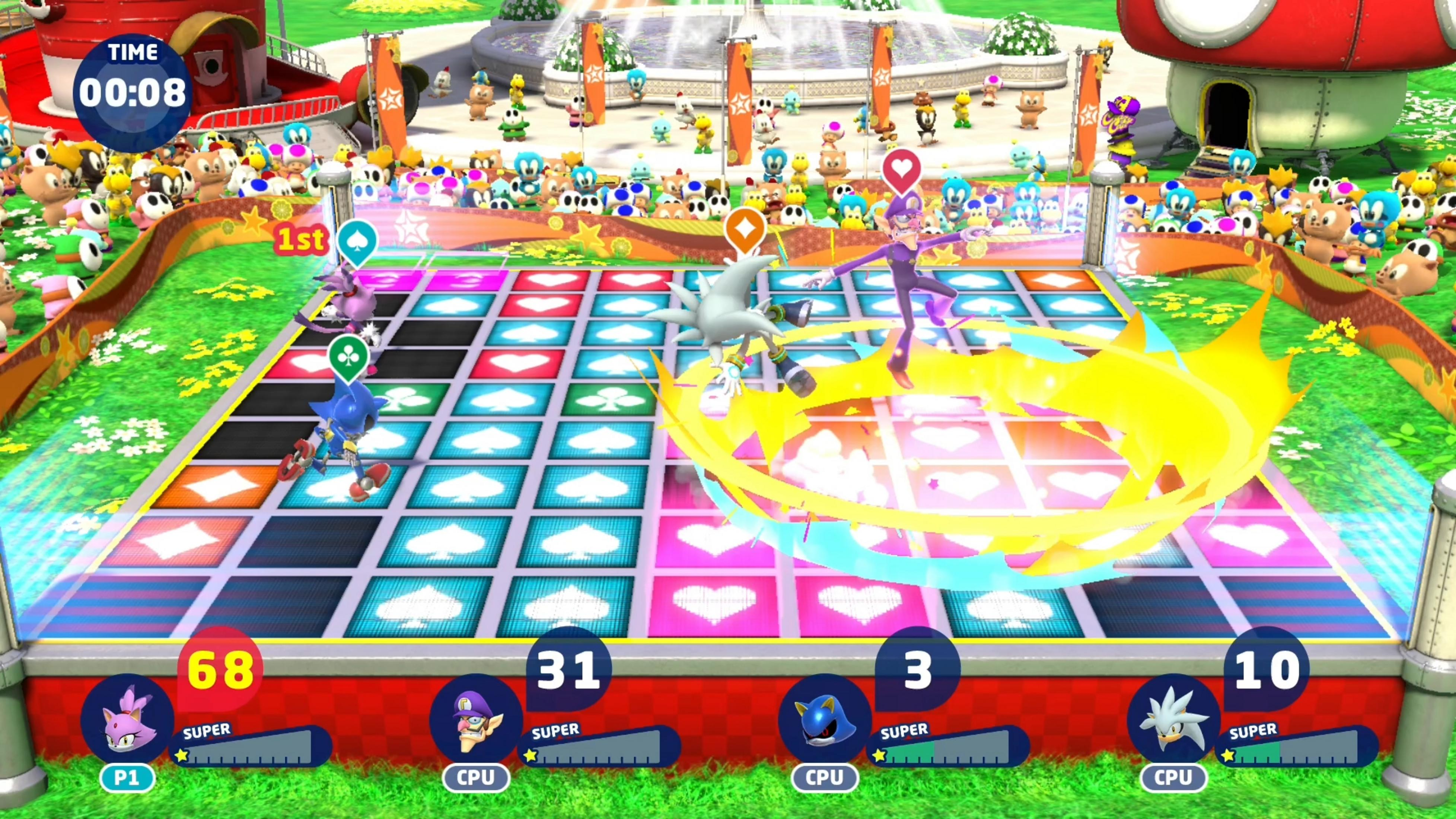 Sonic e amici giocano a un gioco da tavolo con tessere colorate e ostacoli.