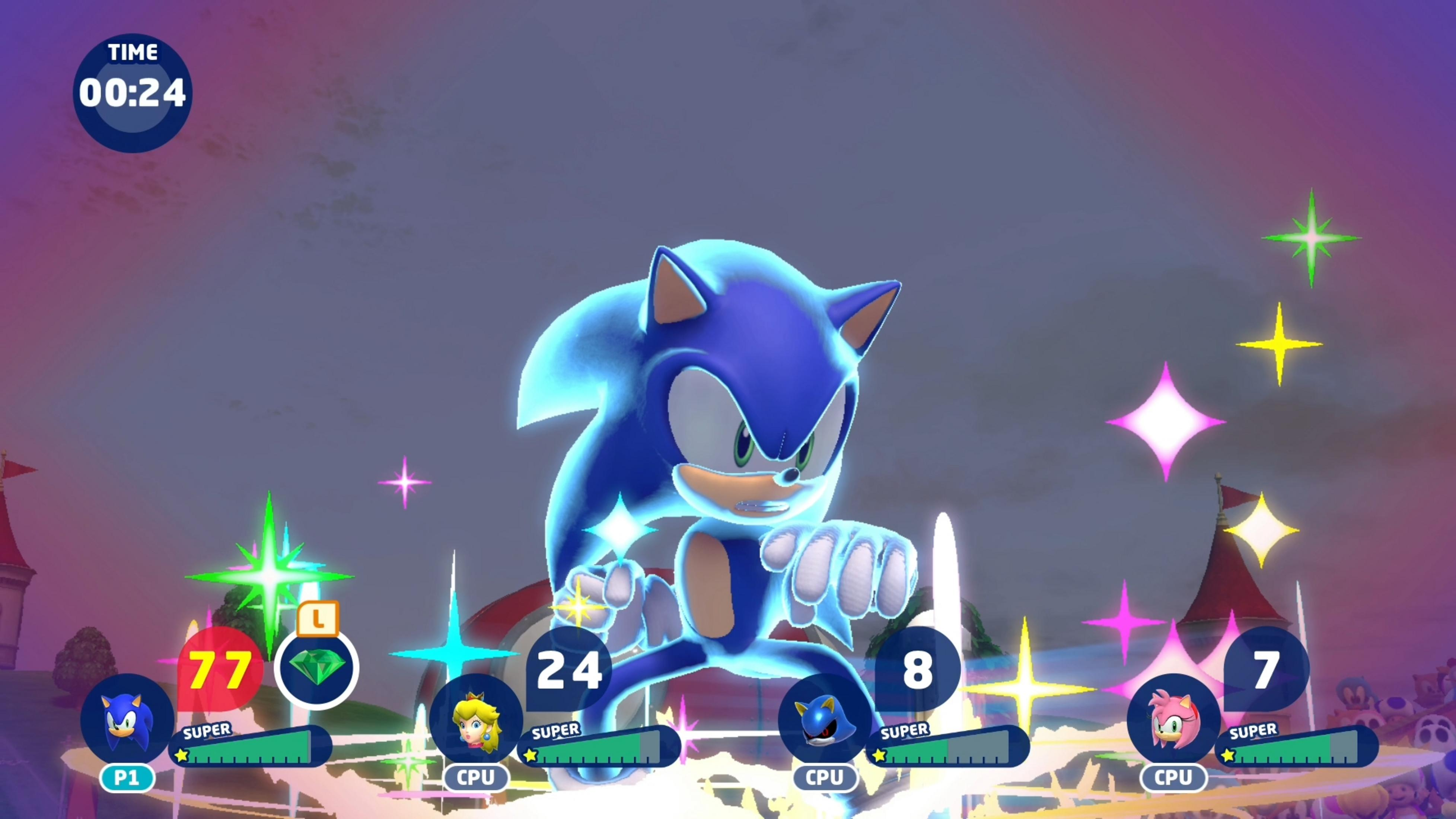Sonic il riccio fluttua a mezz'aria, stelle brillano, interfaccia di gioco sotto.