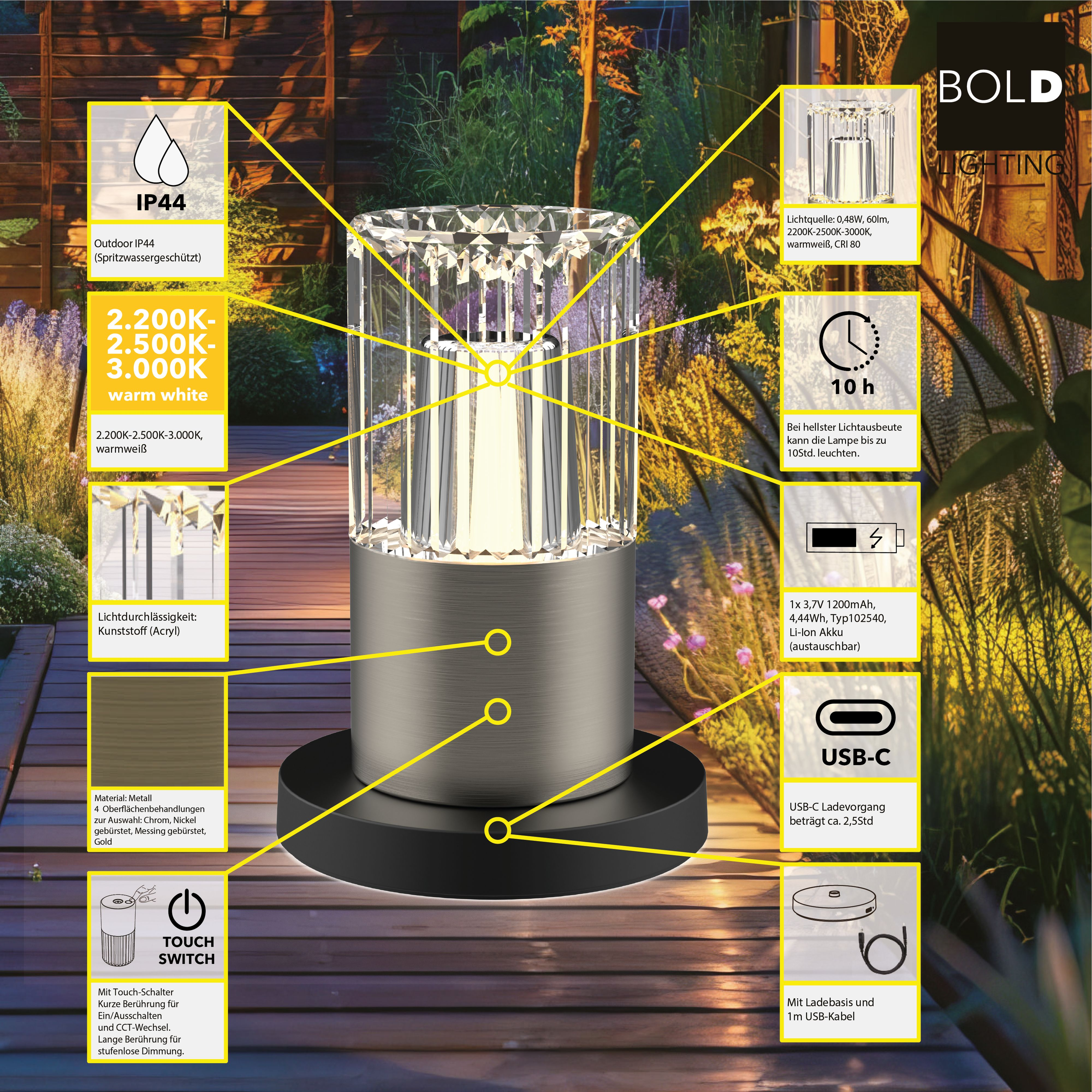Eine dekorative Lampe mit Kristallshade, Metallfuß und Touch-Schalter. IP44, 10h Akku, USB-C.