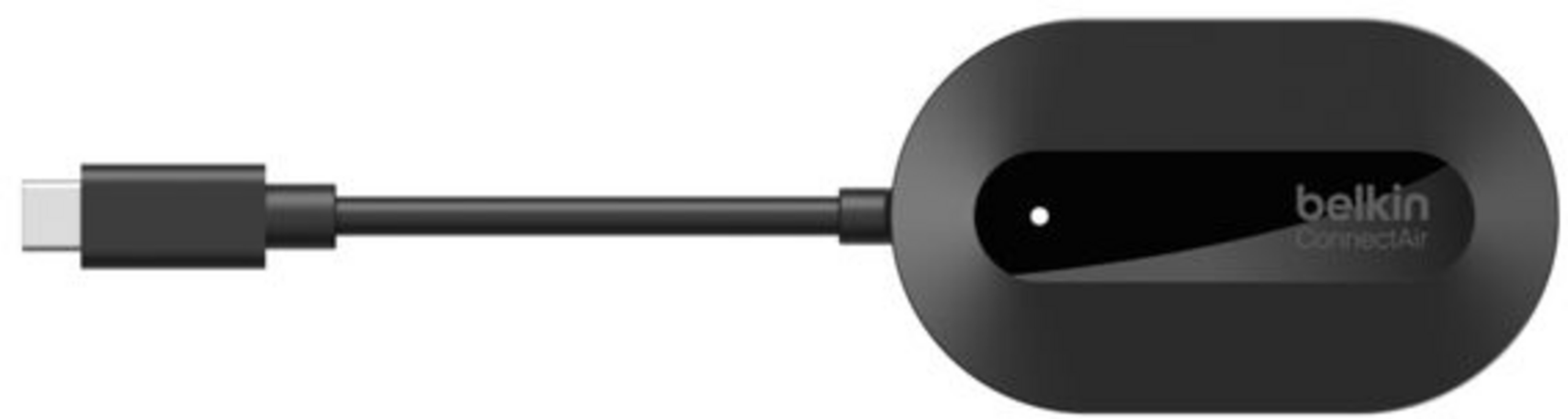 Ein schwarzer Belkin ConnectAir mit USB-C-Anschluss auf weißem Hintergrund.