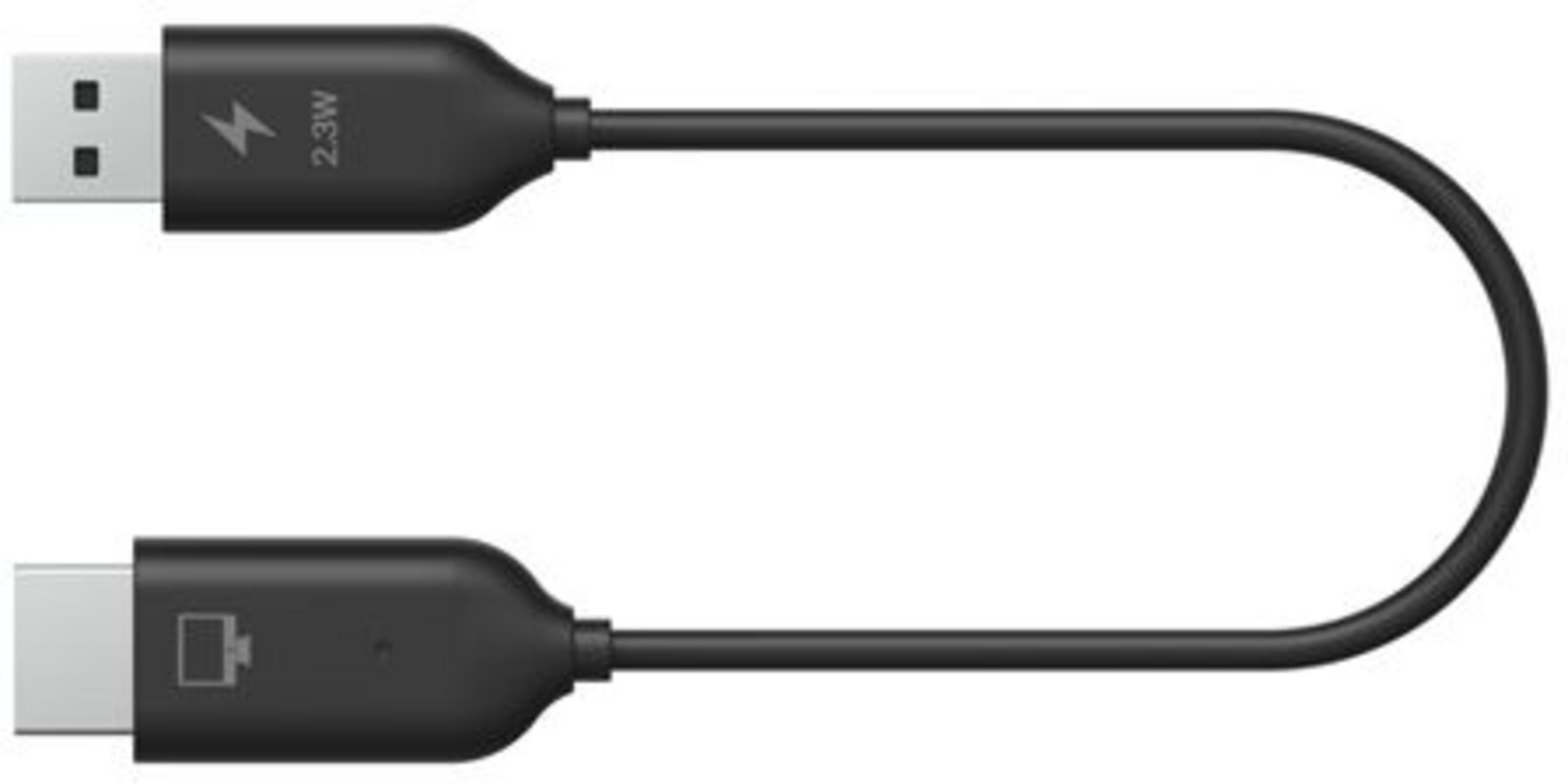 Ein schwarzes USB-A-zu-USB-C-Kabel mit Blitz- und Akkusymbolen.