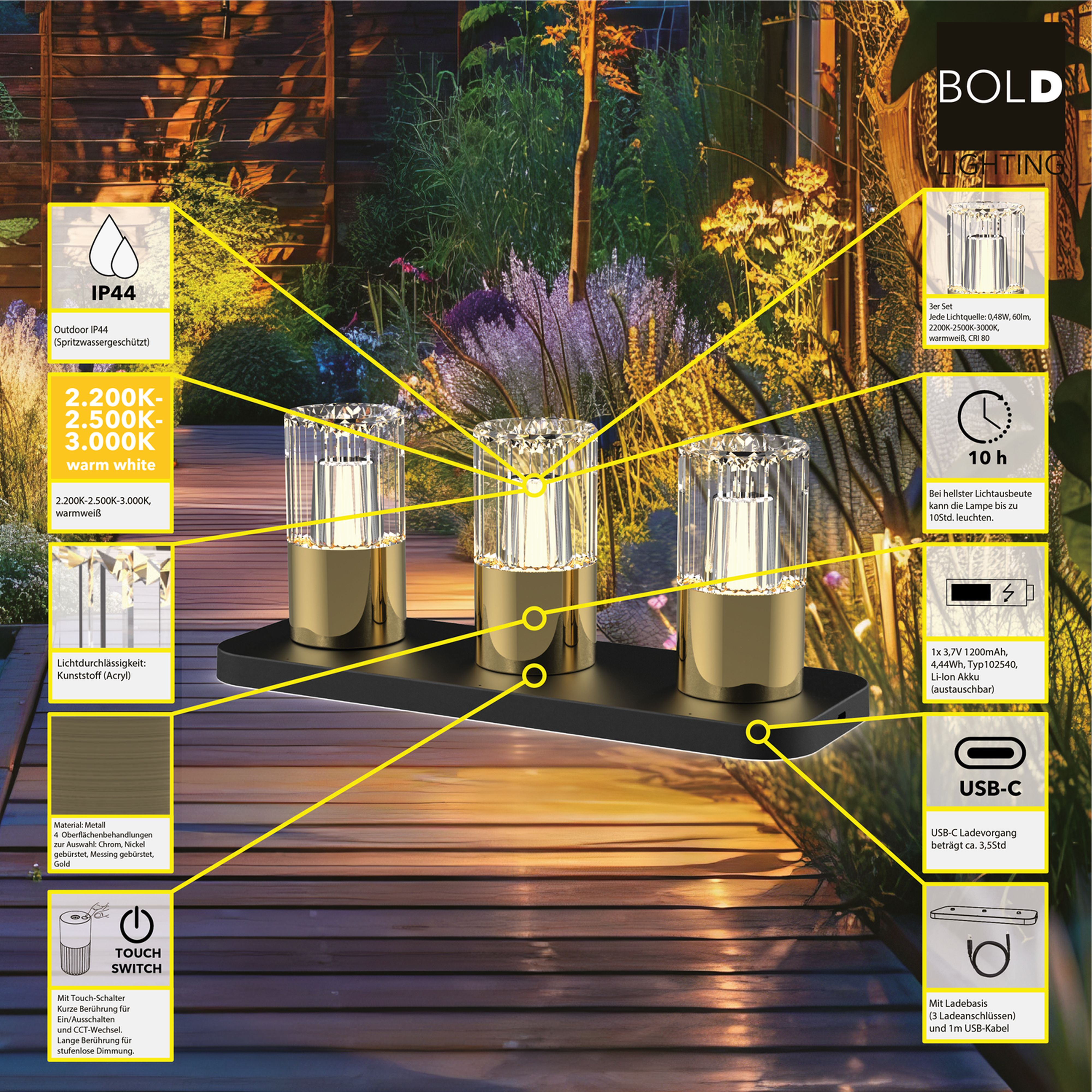 Drei goldene Lampen auf schwarzem Sockel im Garten, mit Details zu IP44, Lichtfarbe und Akkulaufzeit.