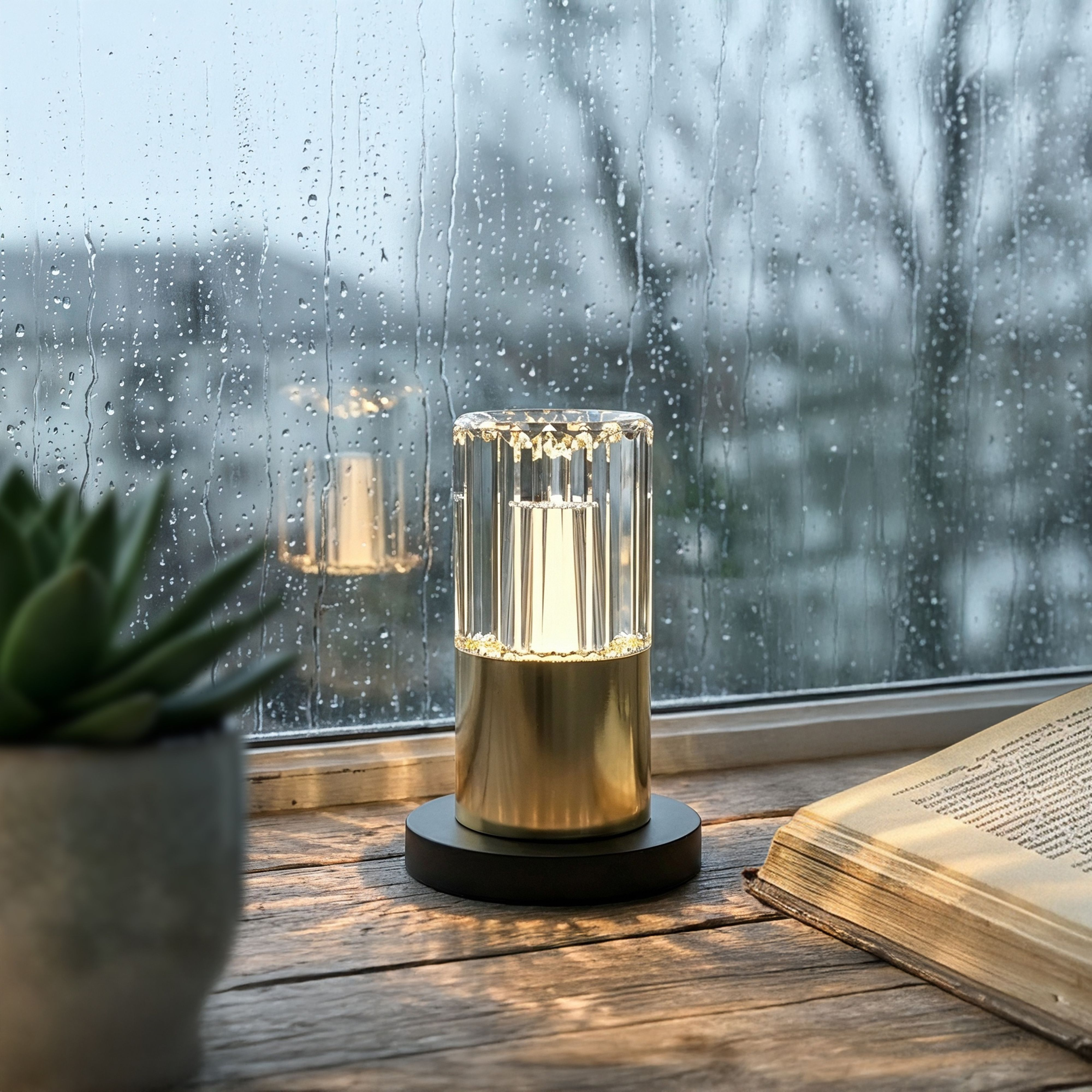Eine Lampe auf einem Holztisch vor einem Fenster mit Regentropfen.