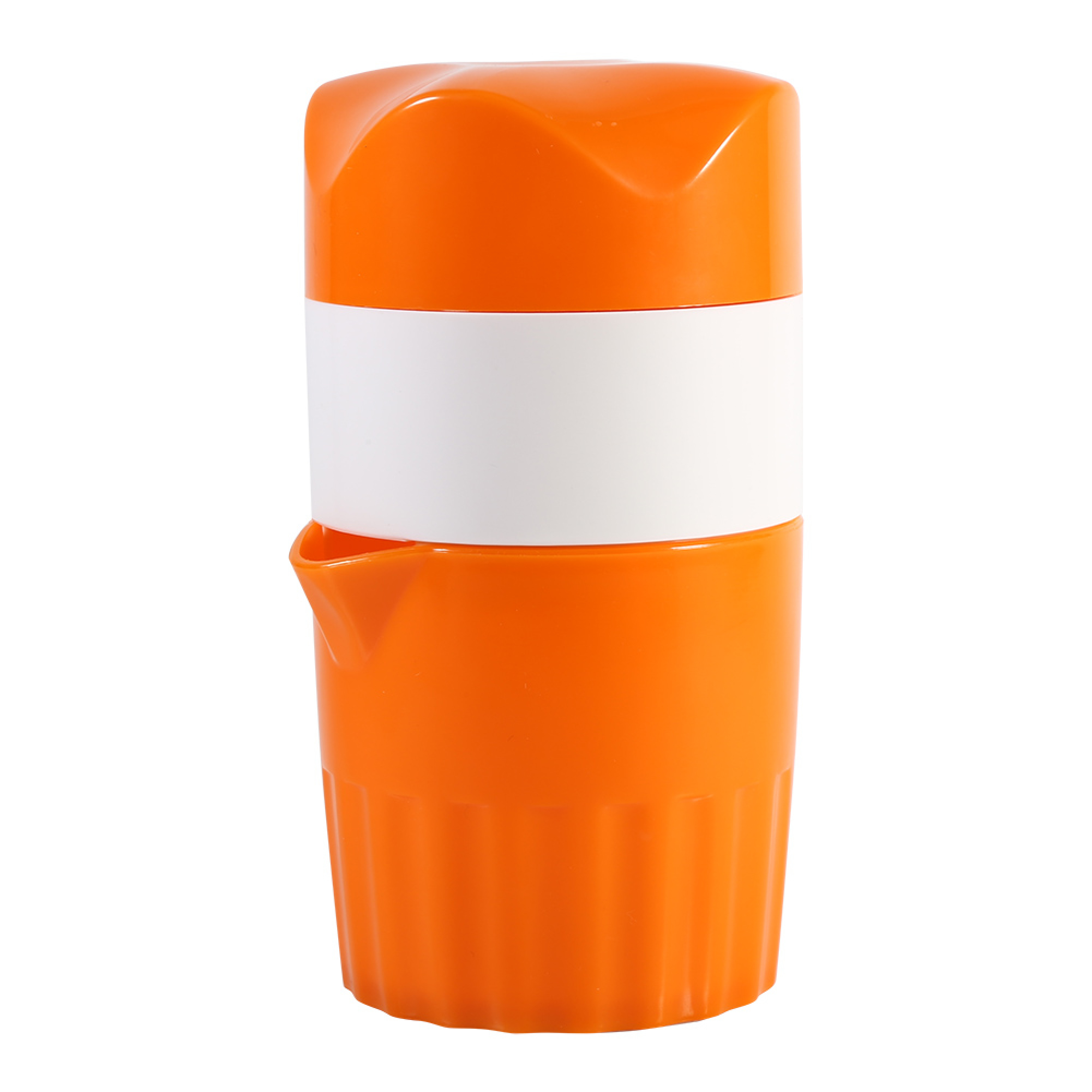 Ein orangefarbener Entsafter mit weißem Streifen und geriffeltem Boden.