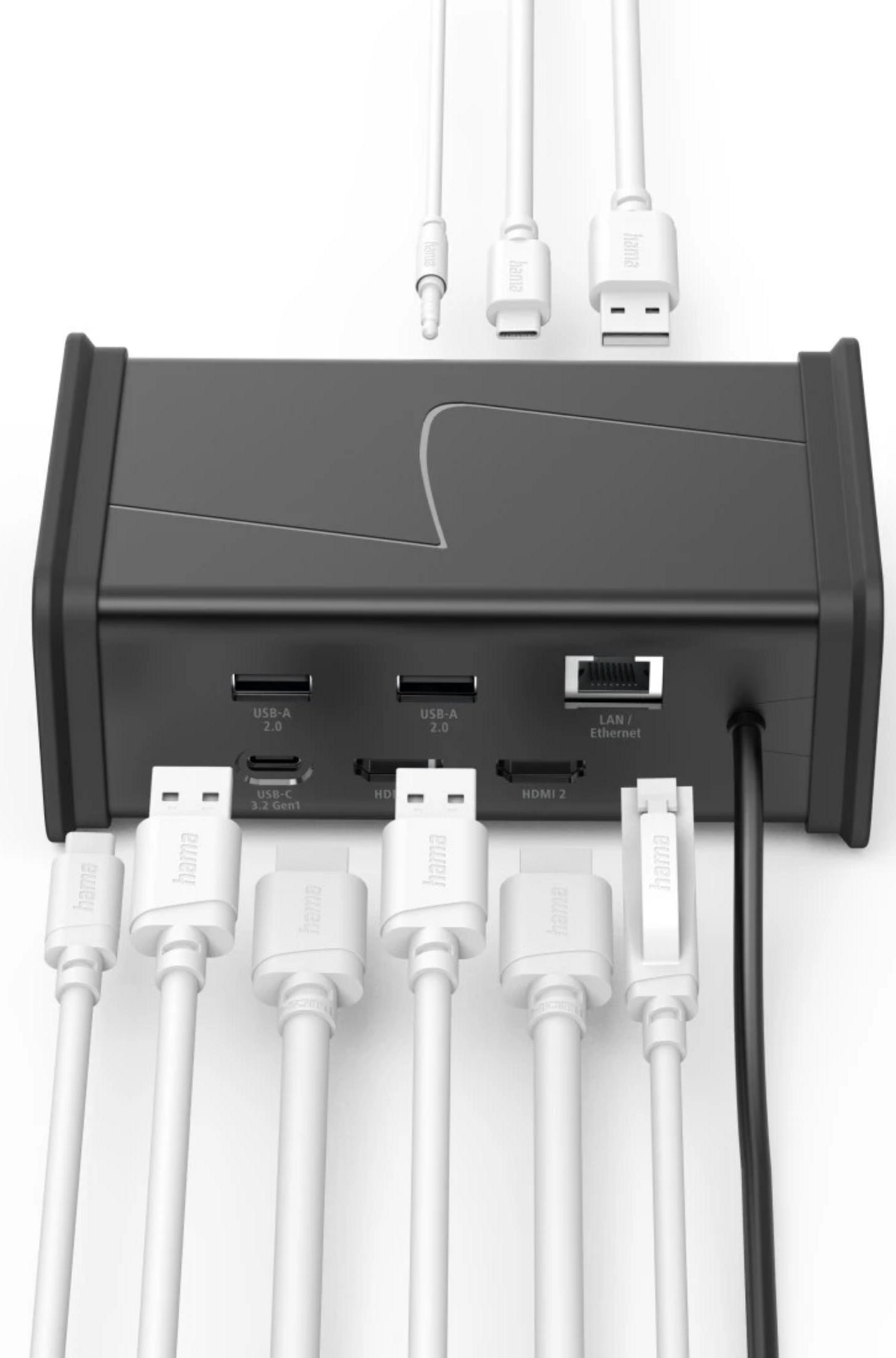 Stazione docking Hama nera con più connessioni via cavo come USB e HDMI.