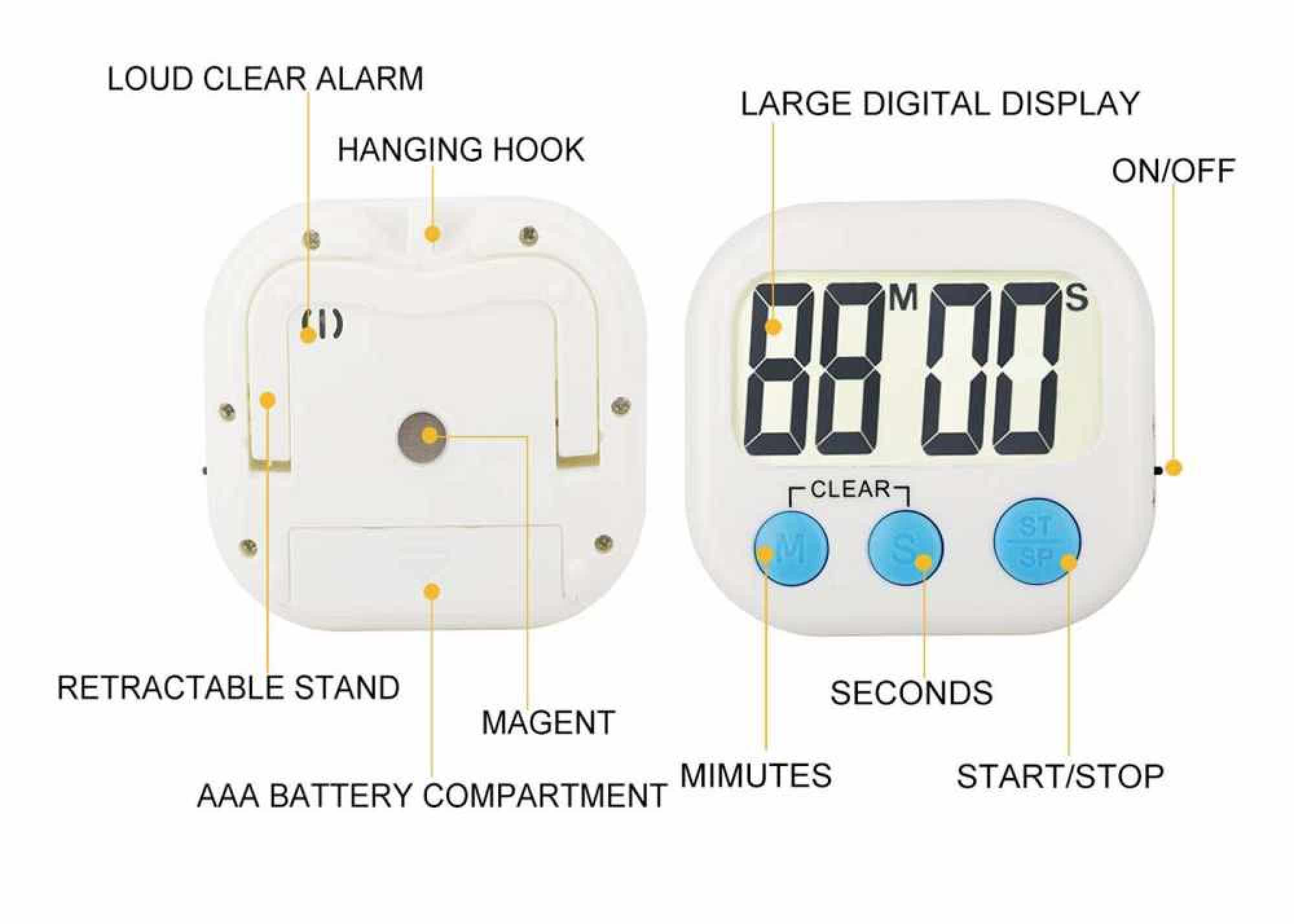 Zwei weiße digitale Timer, Vorder- und Rückseite. Einer mit großem Display.