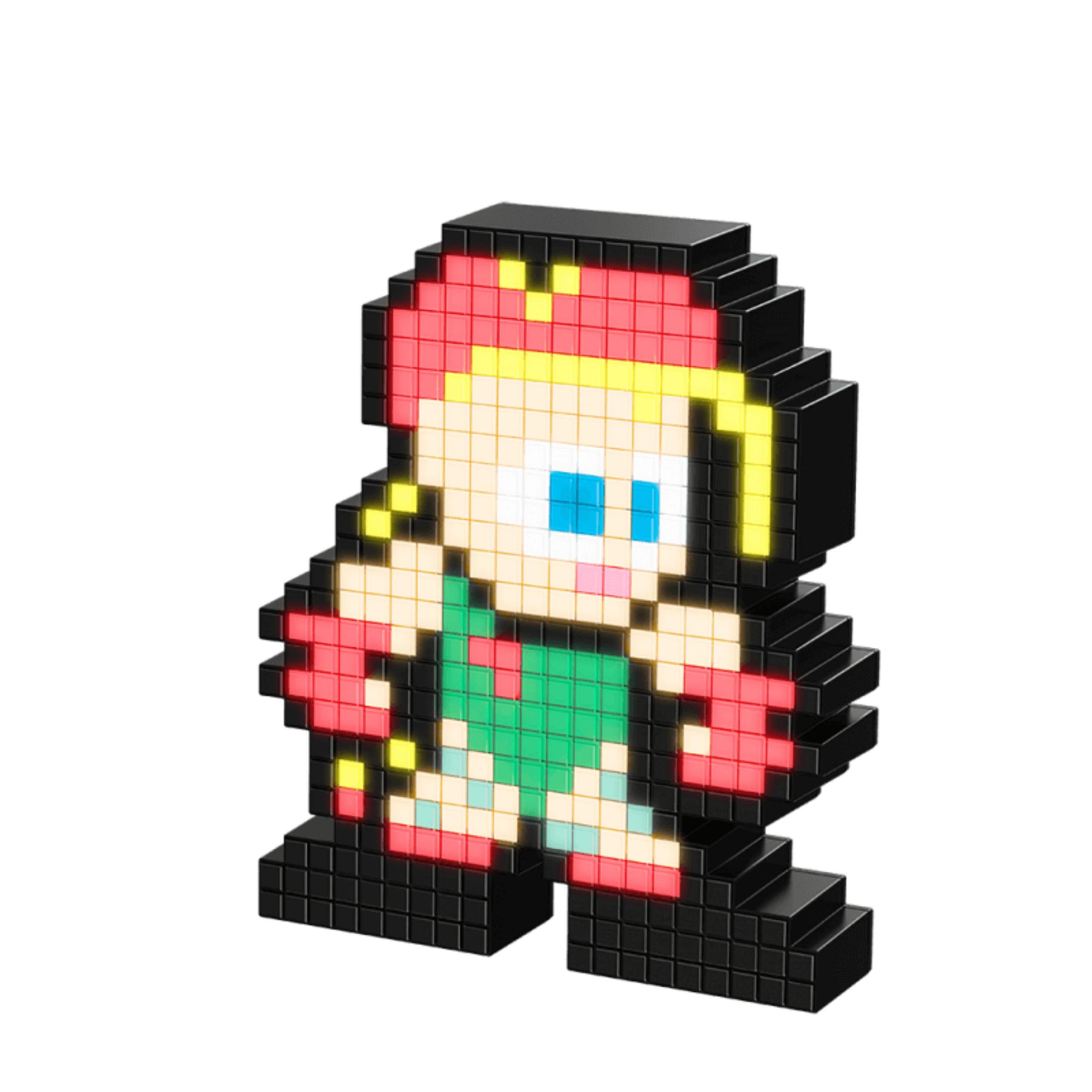 Pixel-Figur mit roten Haaren, blauem Kleid und gelben Akzenten.