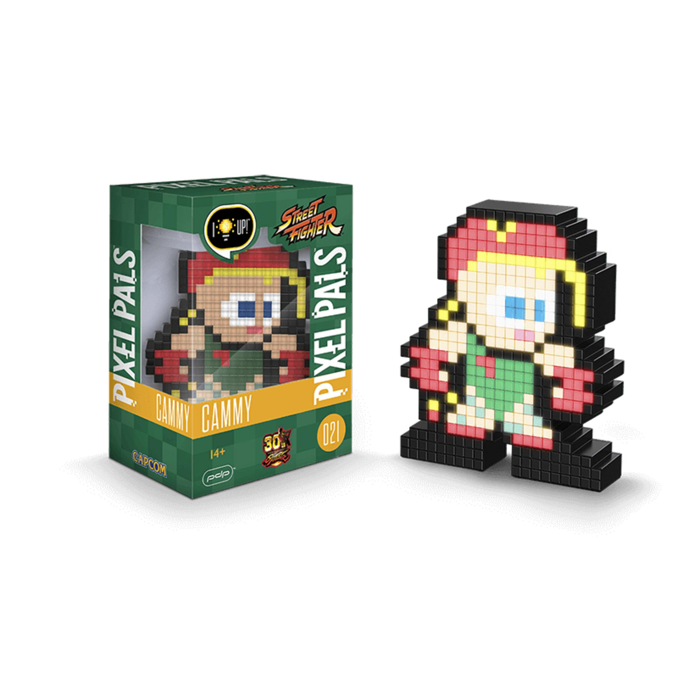 Pixel-Figur von Cammy aus Street Fighter im Karton und daneben.