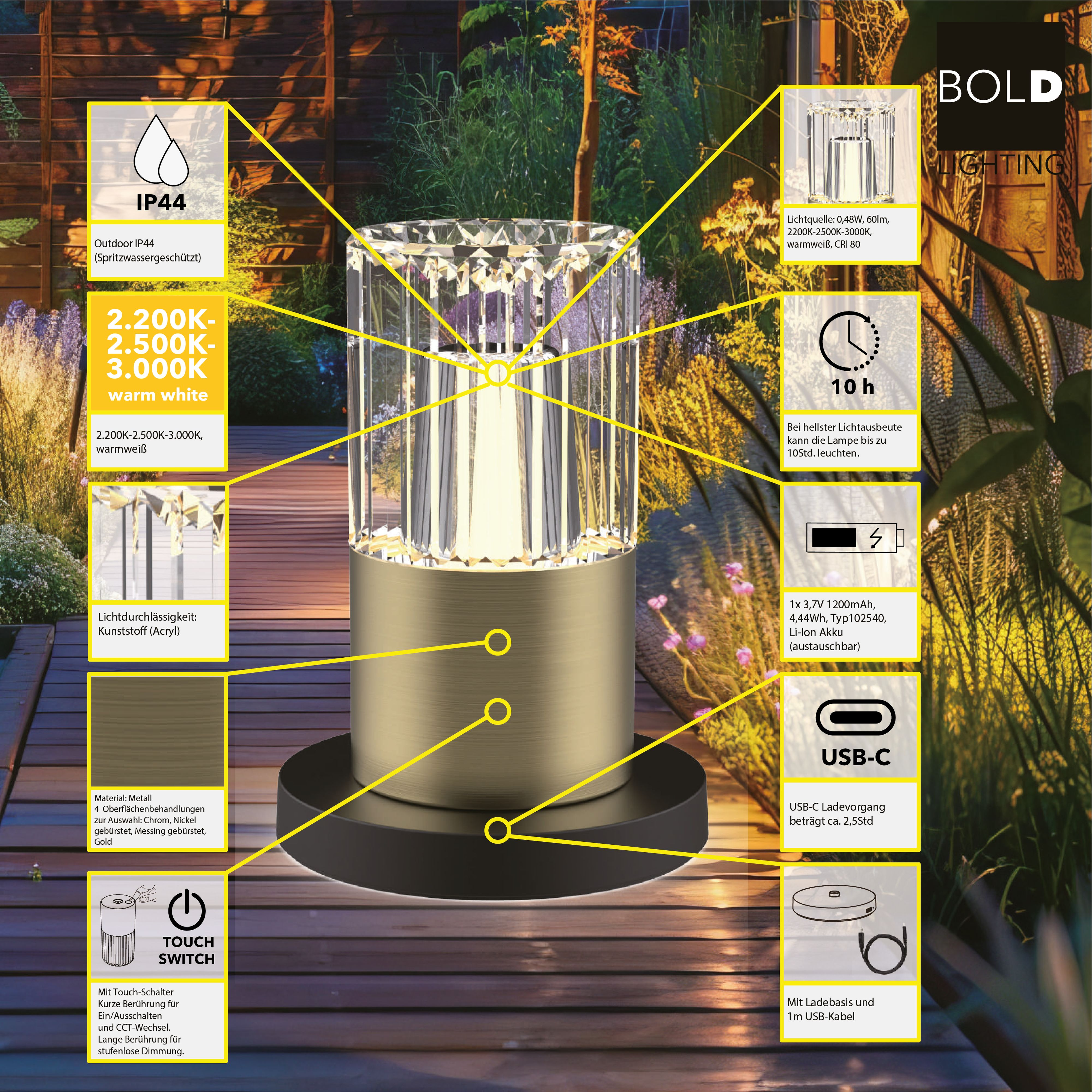 Eine dekorative Lampe mit Kristall-Optik und Metallfuß, IP44, Touch-Schalter, USB-C.