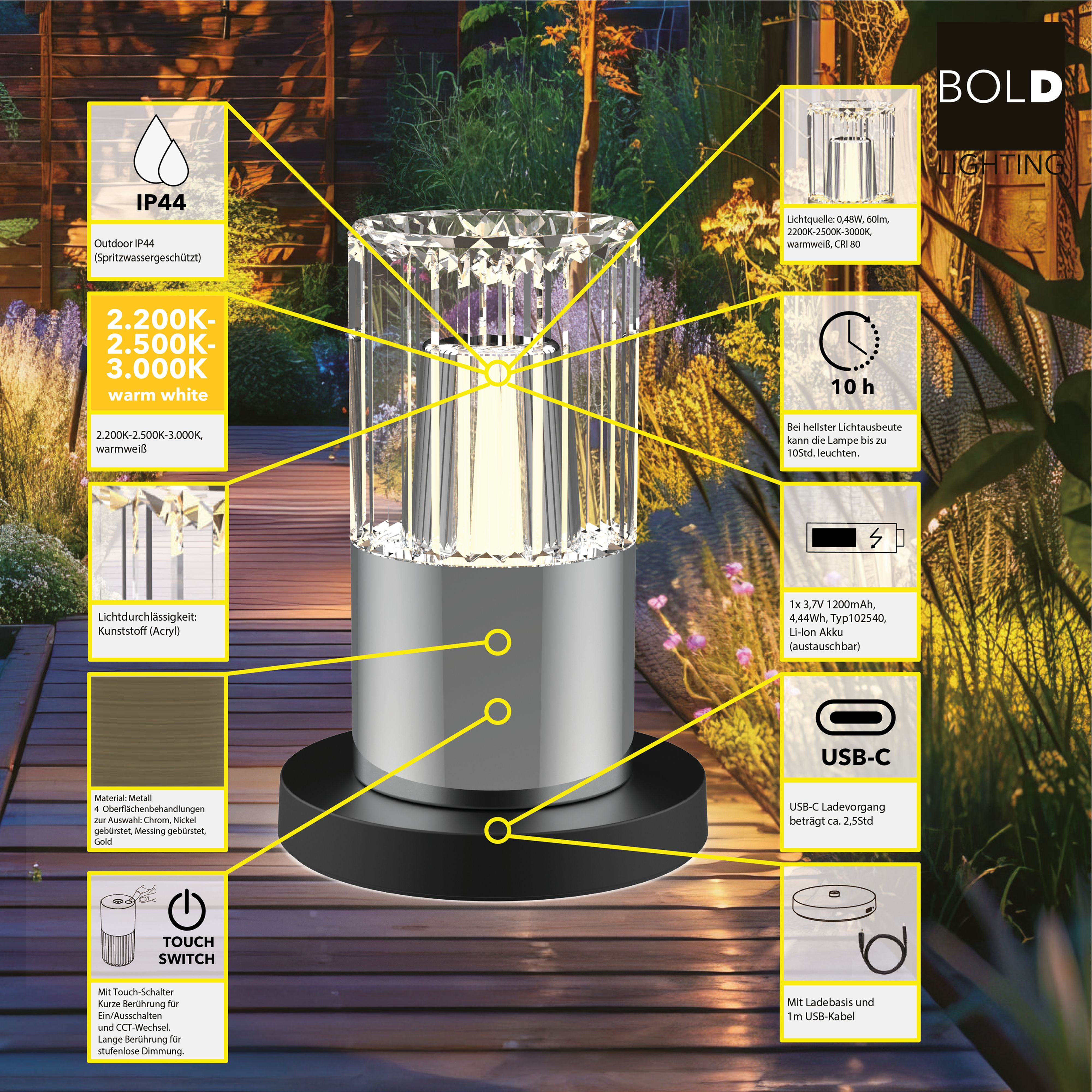 Eine moderne Lampe mit Kristallglas-Optik, Metallfuß, Touch-Schalter und USB-C.