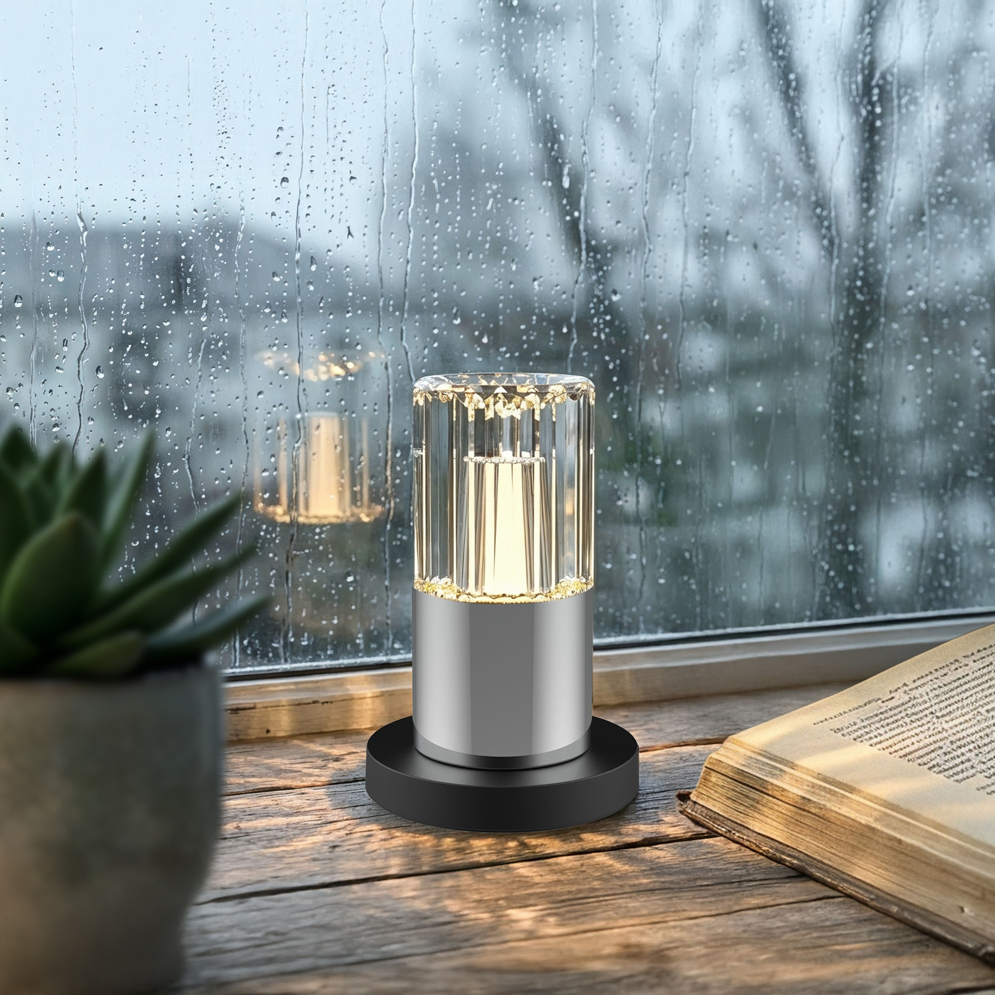 Kristalllampe auf einem Holztisch mit einem Buch und einer Pflanze vor einem Fenster mit Regentropfen.