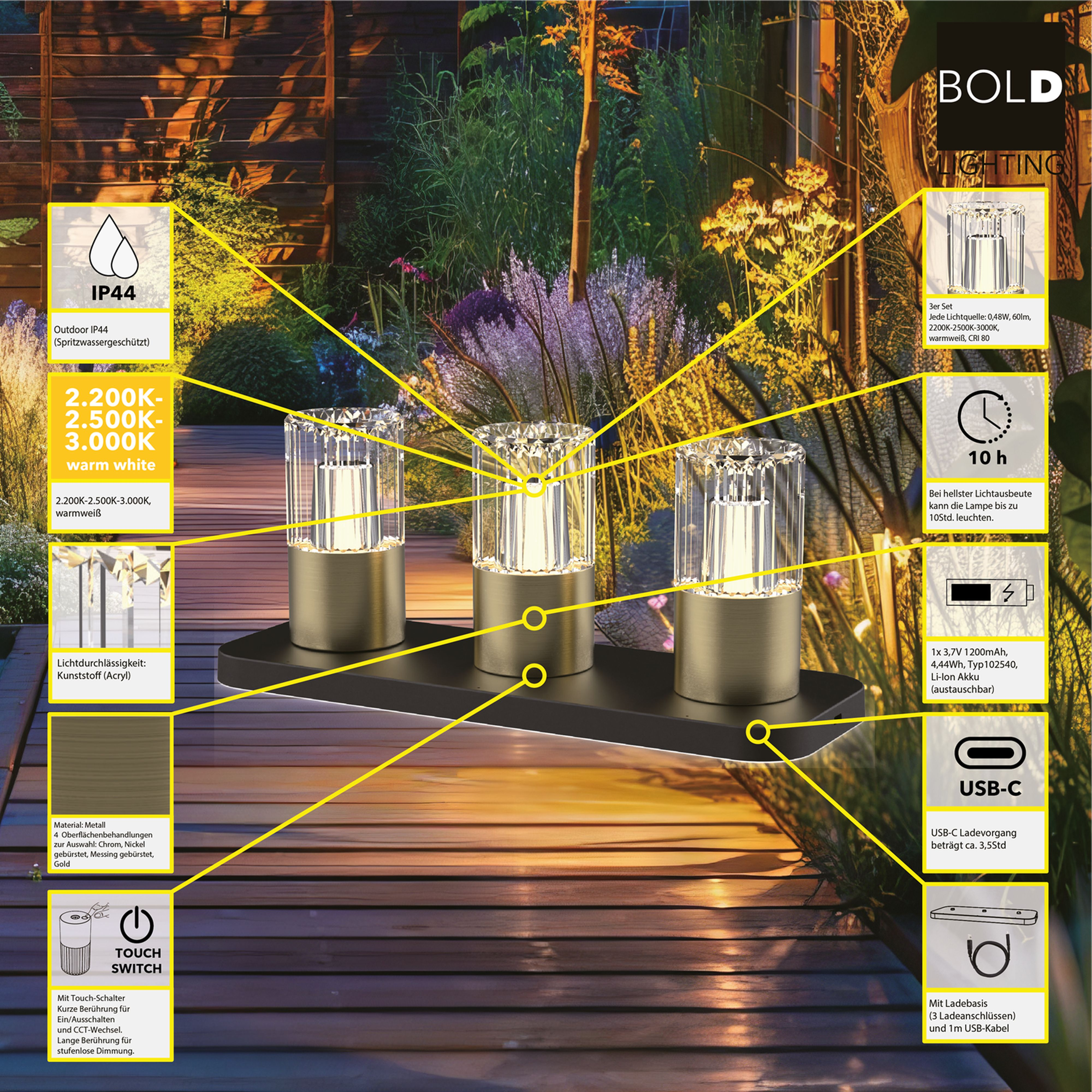 Drei BOLD Leuchten mit Kristalloptik auf Holzdeck, IP44, warmweiß, Touch-Schalter.