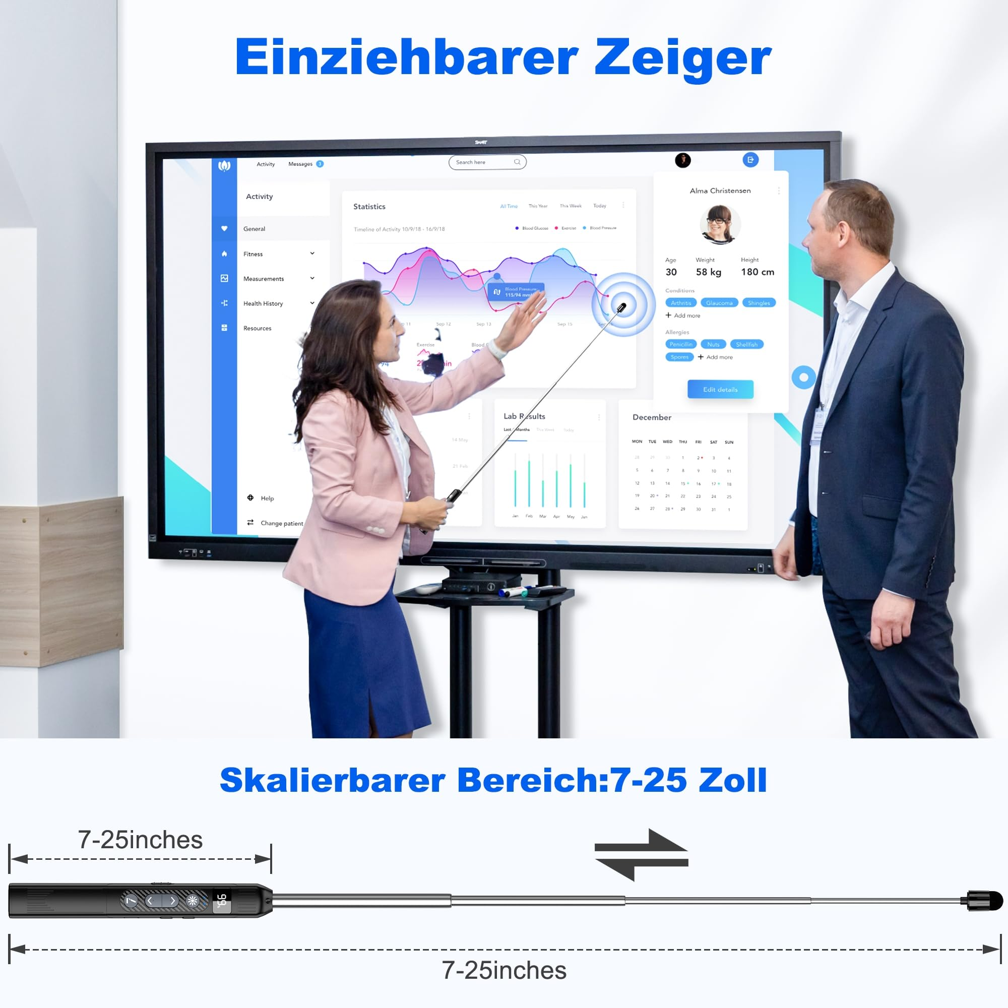 Ein Mann und eine Frau stehen vor einem interaktiven Bildschirm. Ein Teleskopstab liegt unten.
