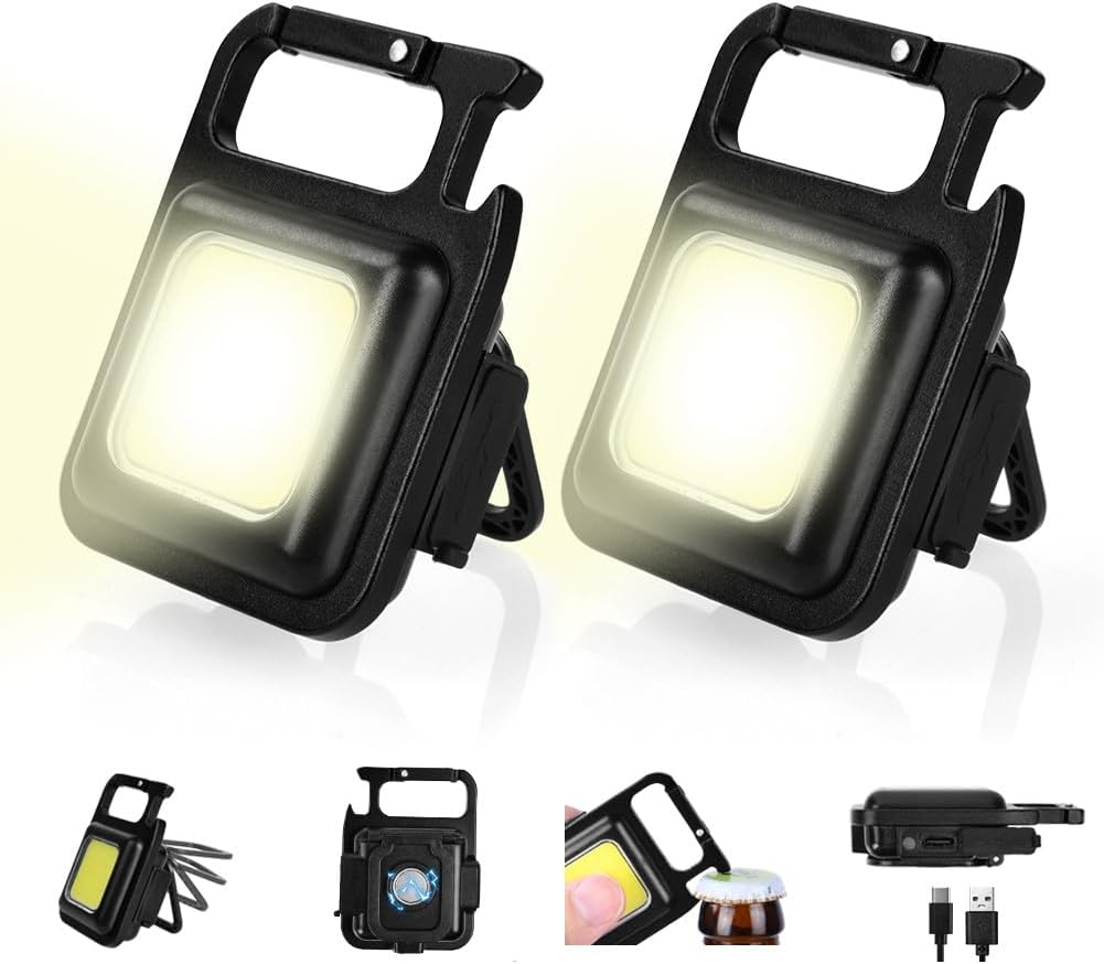 Zwei schwarze tragbare LED-Leuchten mit Karabinerhaken und Ständern. Kleinere Bilder zeigen Merkmale.