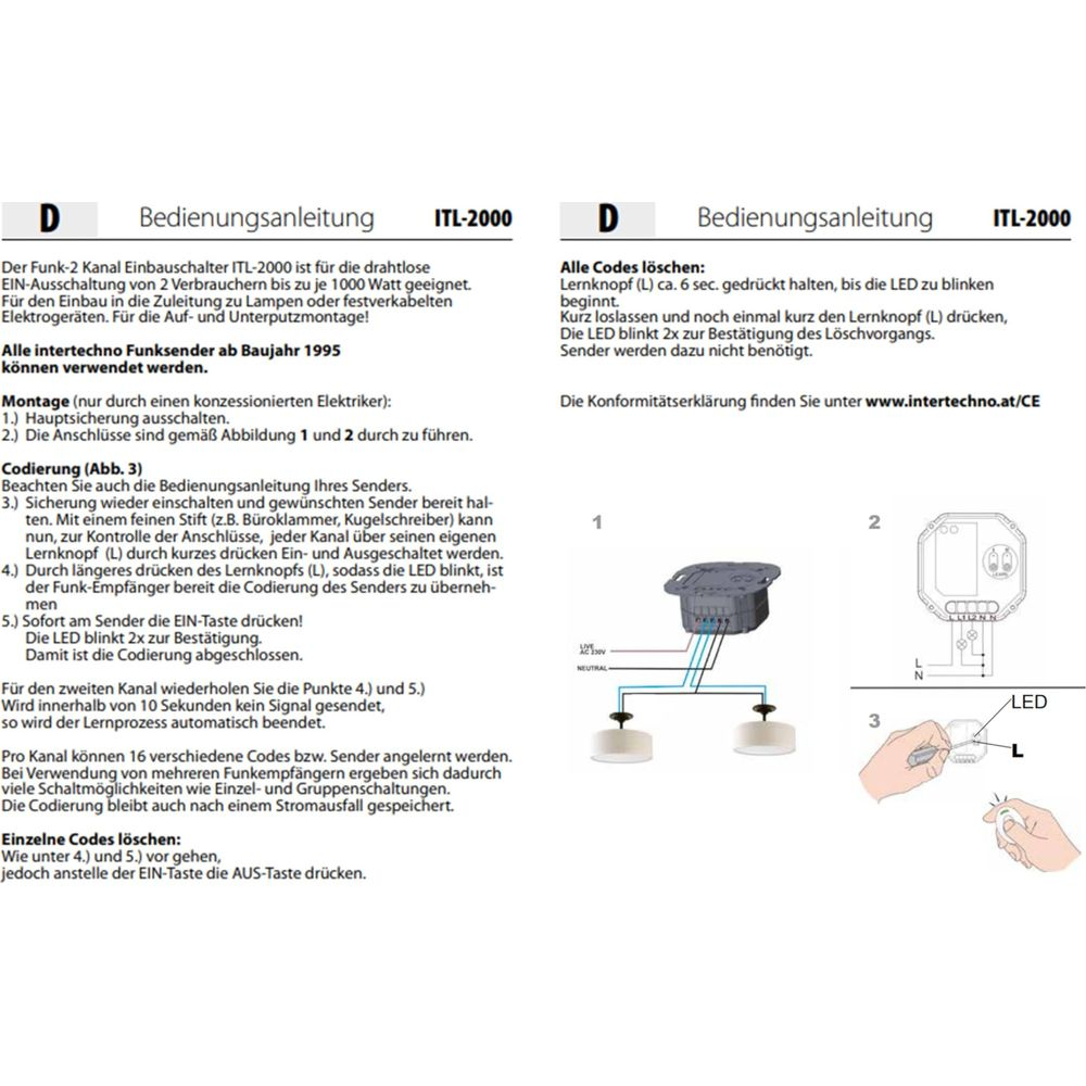 Bedienungsanleitung für Funk-Einbauschalter ITL-2000 mit Schaltplan und Abbildungen.