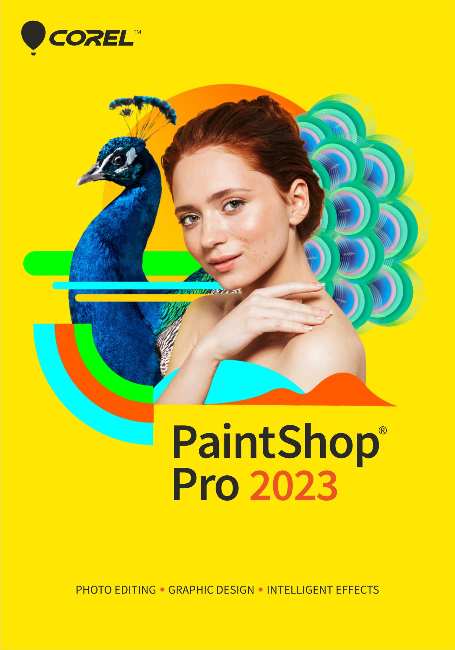 Un pavone accanto a una donna dai capelli rossi. Corel PaintShop Pro 2023.