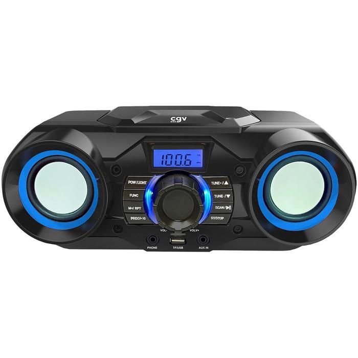 Lettore CD portatile nero con accenti blu, display illuminato e pulsanti.