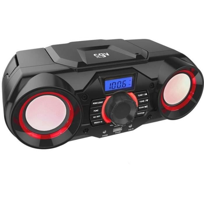 Una cassa boombox CGV nera con accenti rossi sui diffusori, display digitale blu 100.6 e pulsanti.