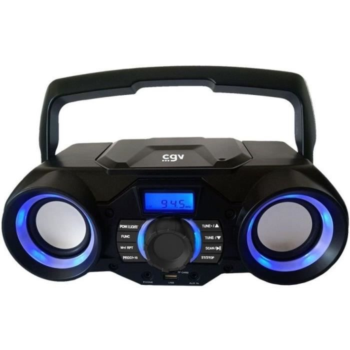 Una boombox portatile nera con anelli degli altoparlanti blu e display digitale.