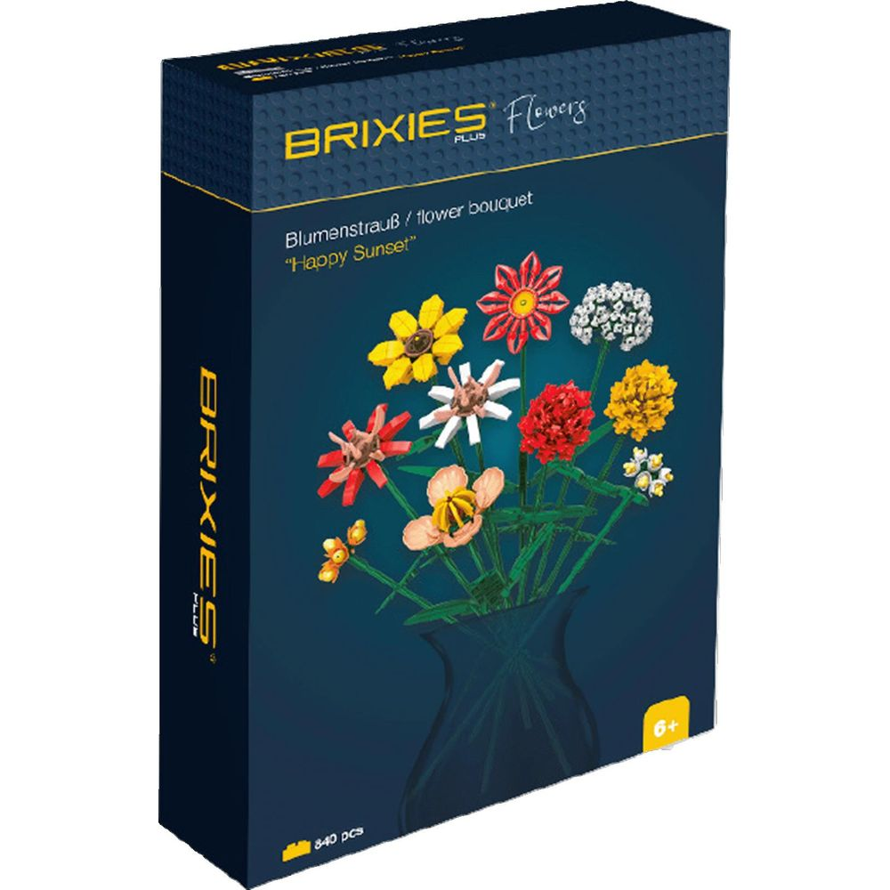 Boîte d'un set de bouquet de fleurs BRIXIES avec des fleurs en briques colorées.