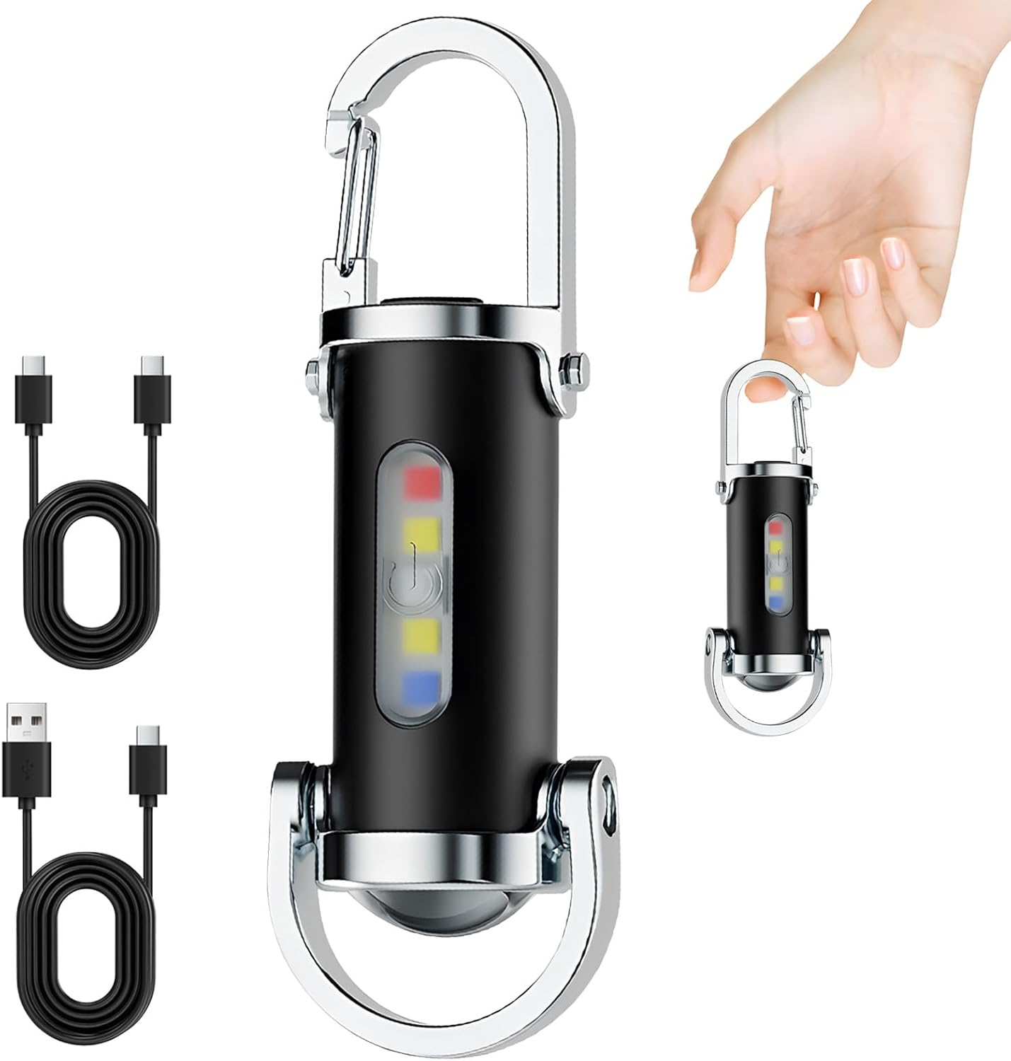 Schwarzer Schlüsselanhänger mit Karabiner, USB-C-Kabel und einer Hand.