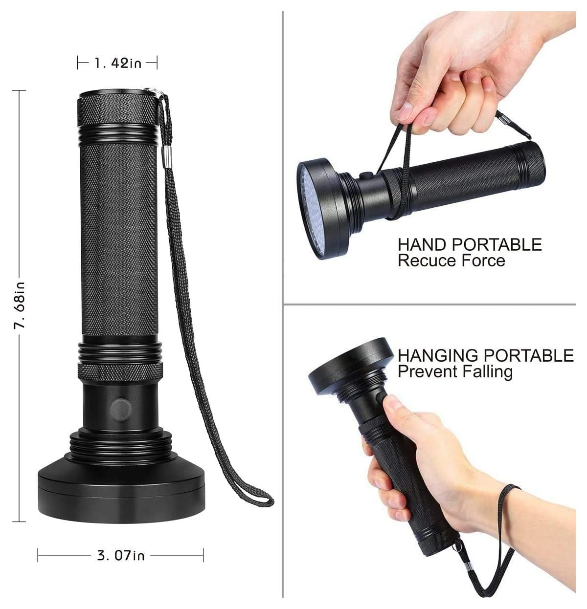 Schwarze Taschenlampe mit Maßen. Hand- und hängende tragbare Optionen.