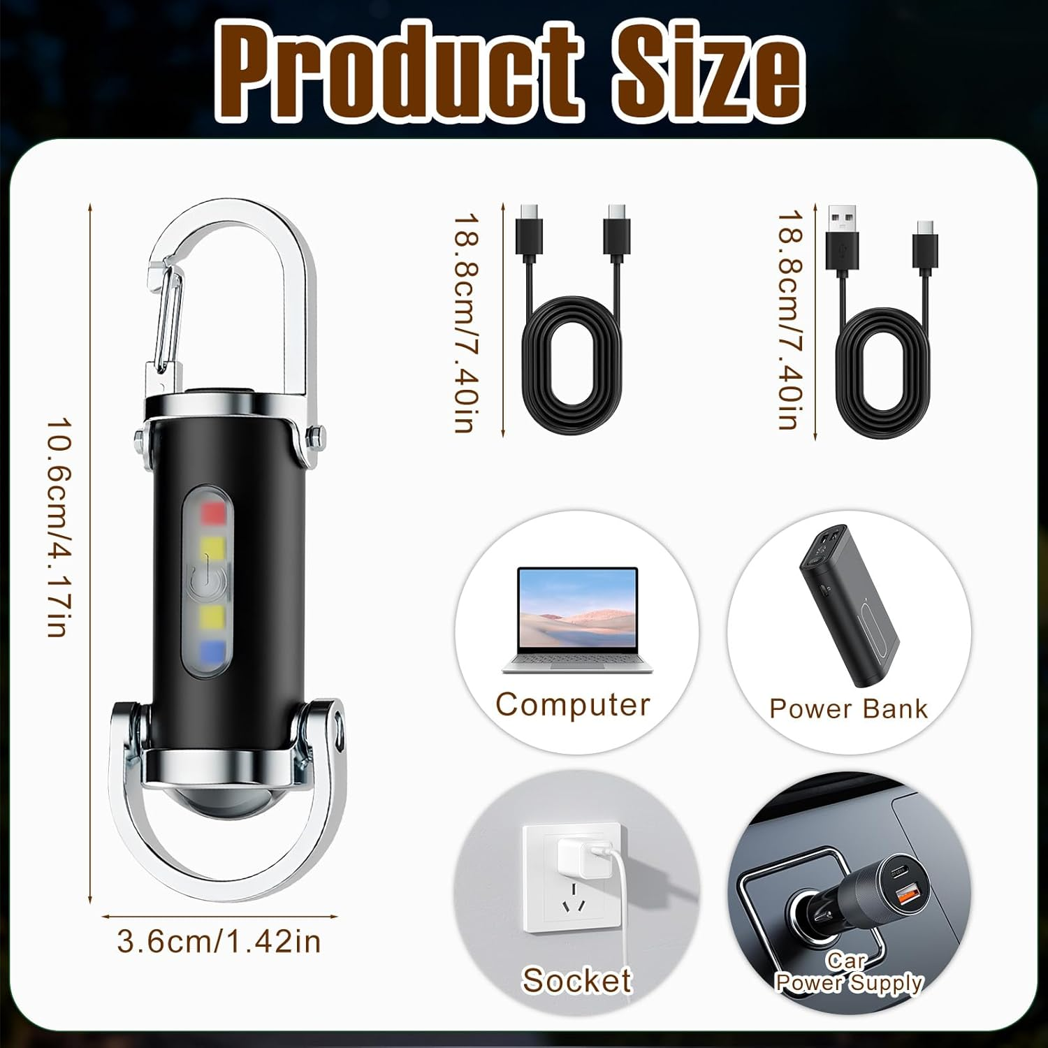 Produktgrößentabelle: Taschenlampe, Kabel, Computer, Powerbank, Steckdose, Autoladegerät.