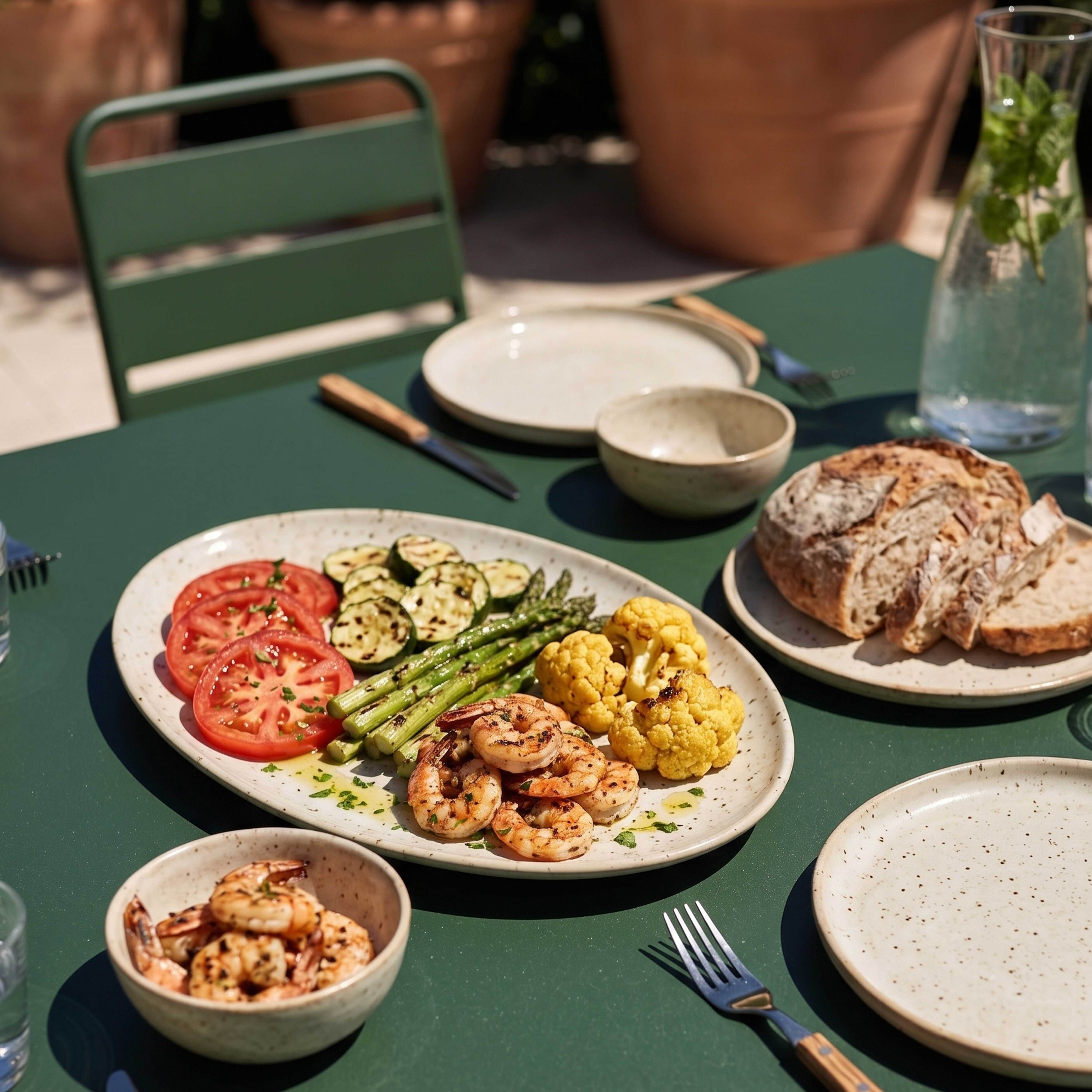 Gegrillte Garnelen, Zucchini, Spargel, Blumenkohl und Tomatenscheiben auf einer Platte.