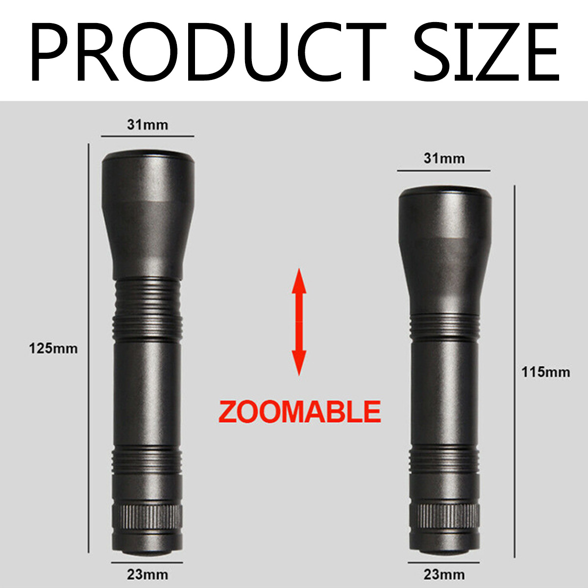 Zwei schwarze Taschenlampen mit Maßen. Eine ist 125mm hoch, die andere 115mm.