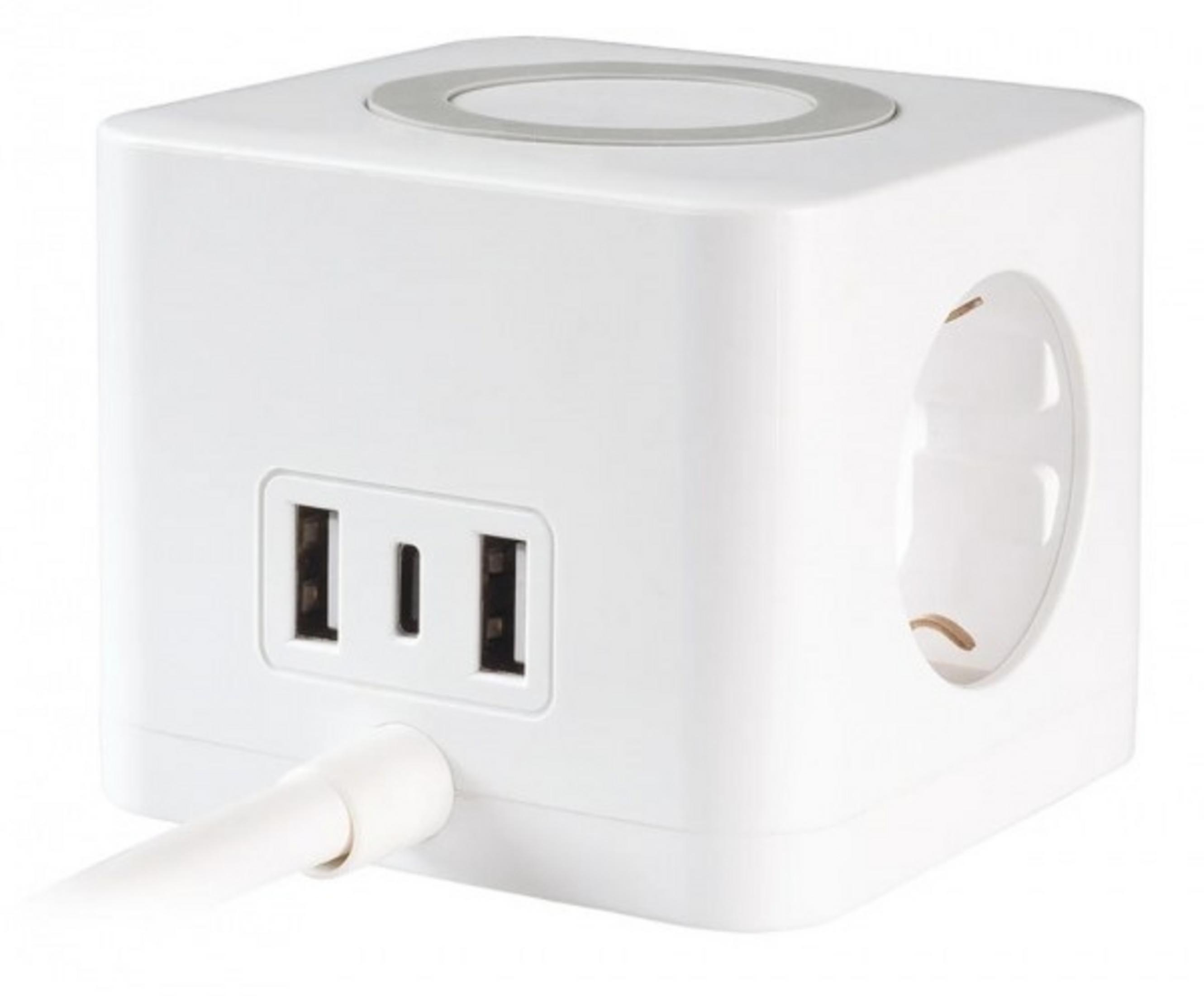 Ein weißer Würfel-Steckdosenadapter mit USB-Anschlüssen und einem Kabel.
