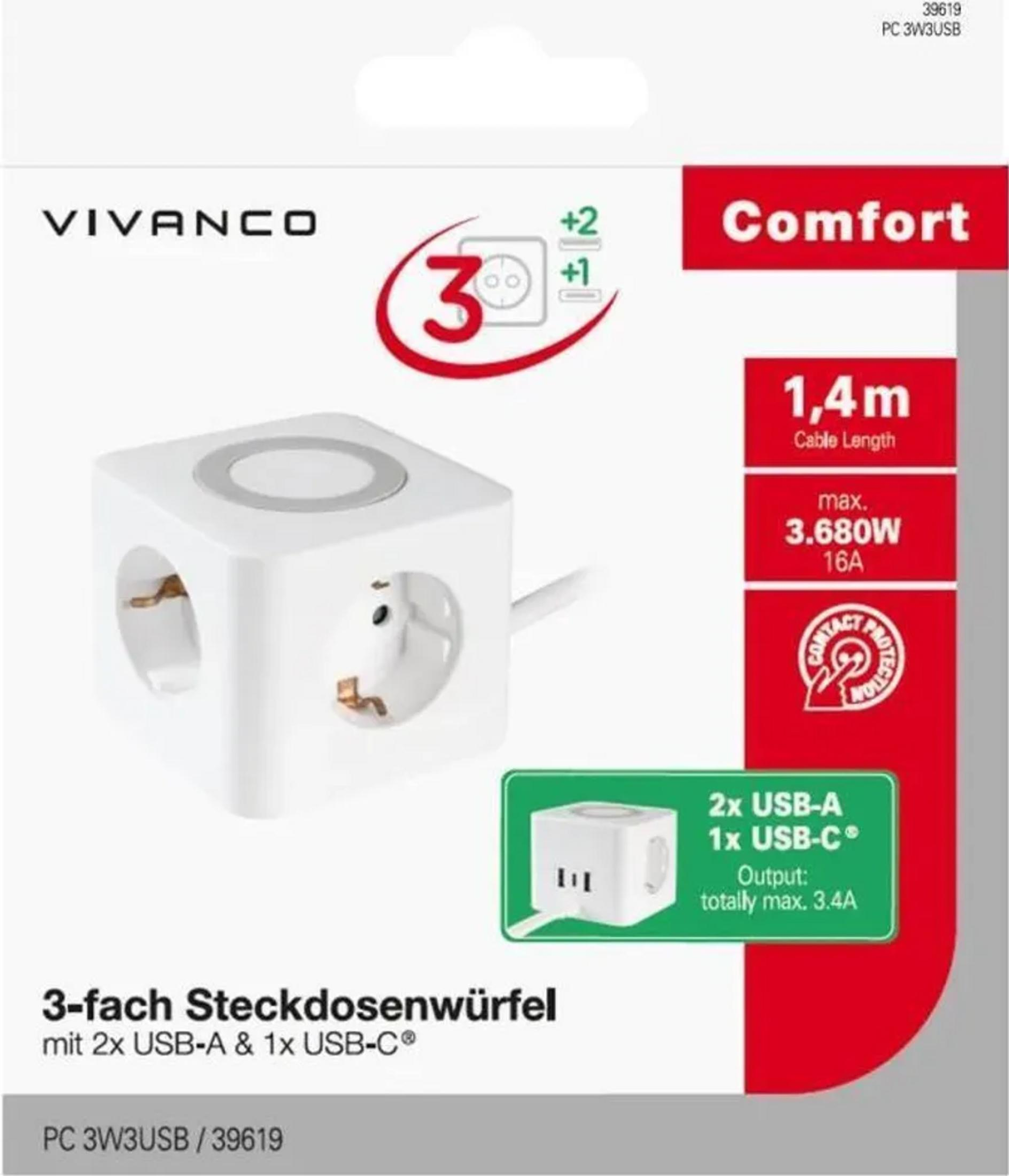 Ein weißer 3-fach Steckdosenwürfel mit 2x USB-A und 1x USB-C Anschlüssen.