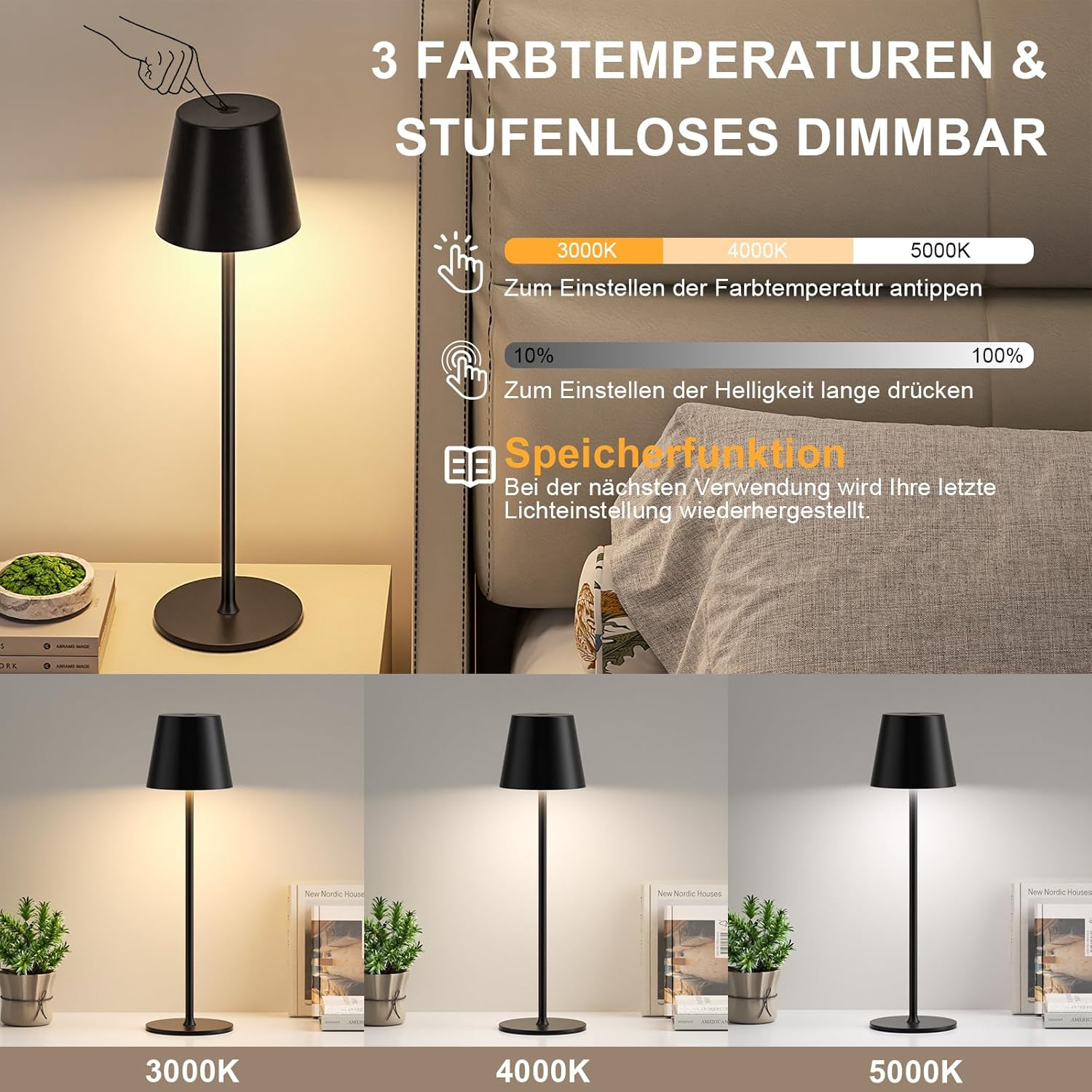 Schwarze Tischlampe mit einstellbarer Farbtemperatur und Helligkeit.