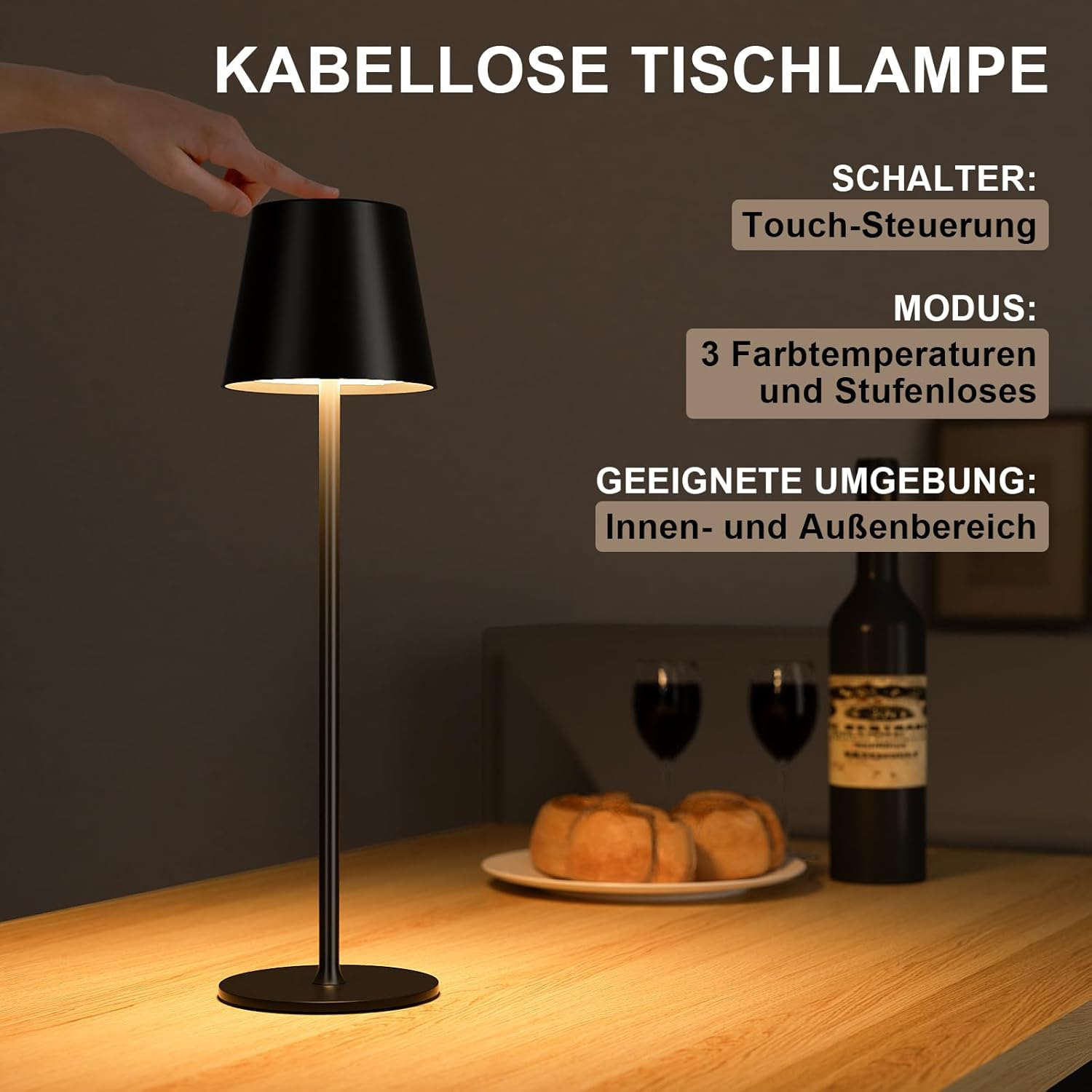 Kabellose Tischlampe mit Touch-Steuerung, 3 Farbtemperaturen.
