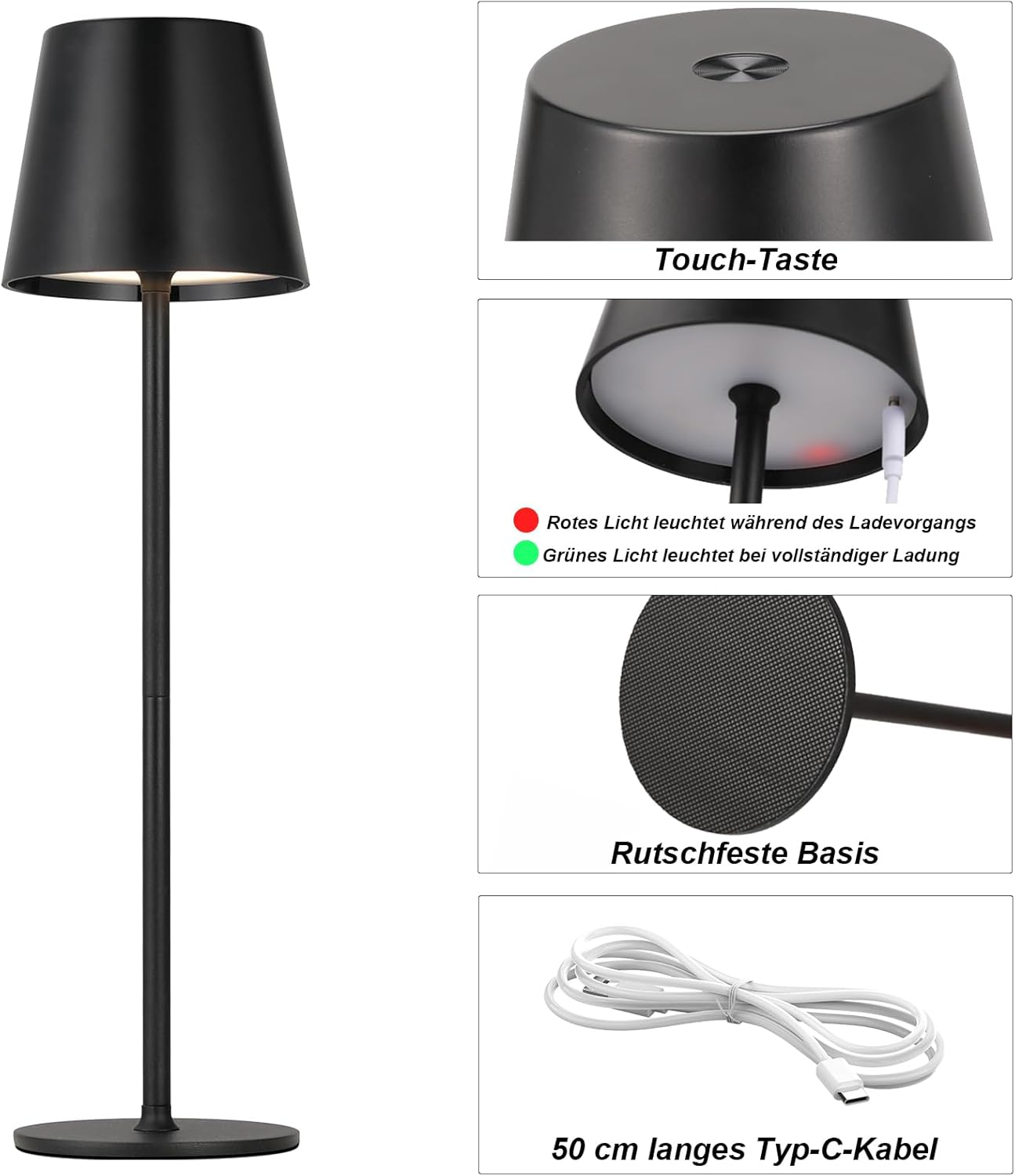 Schwarze Tischlampe mit Touch-Bedienung, Ladeanzeige und Typ-C-Kabel.