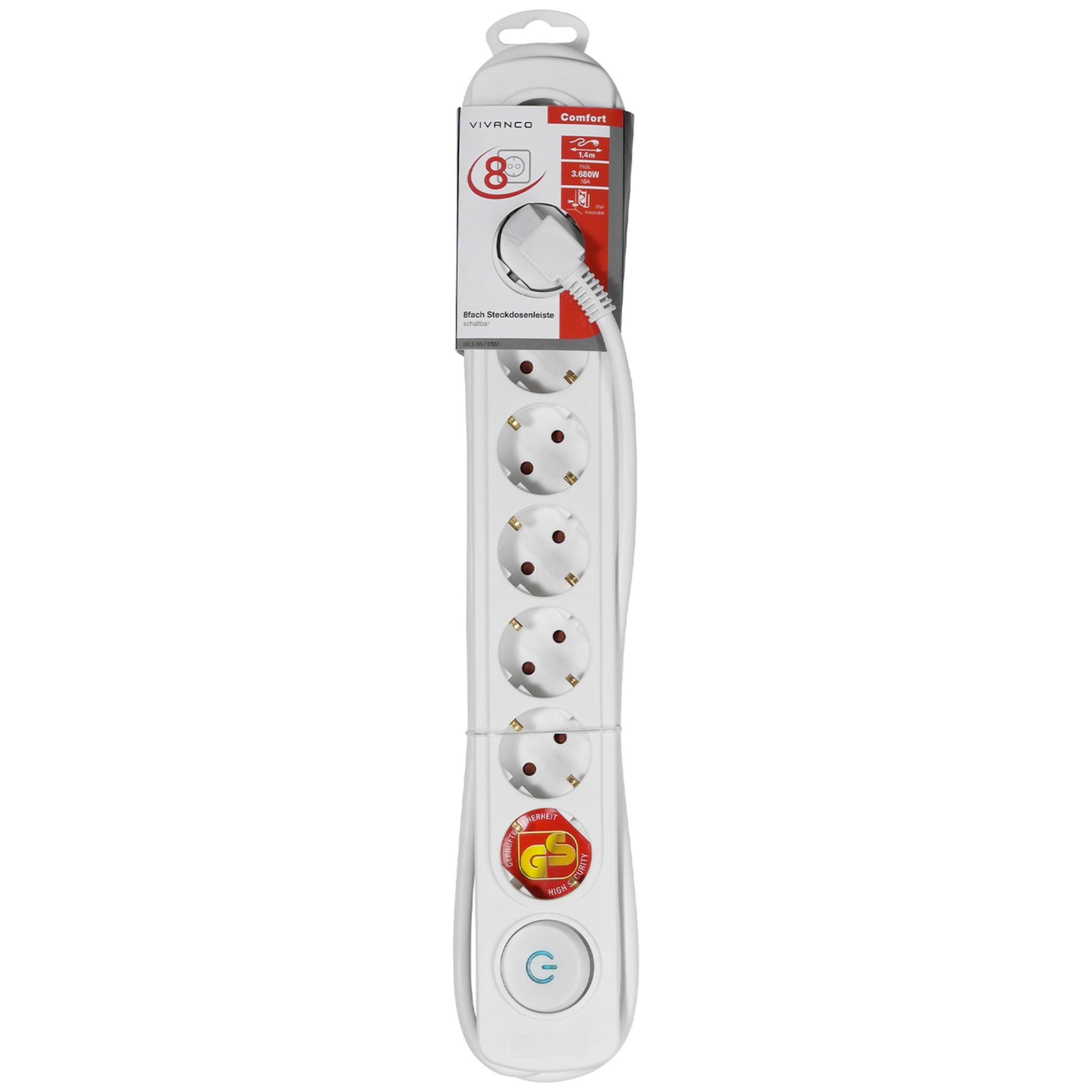 Regleta blanca con 8 enchufes, interruptor y cable de 1,4m.