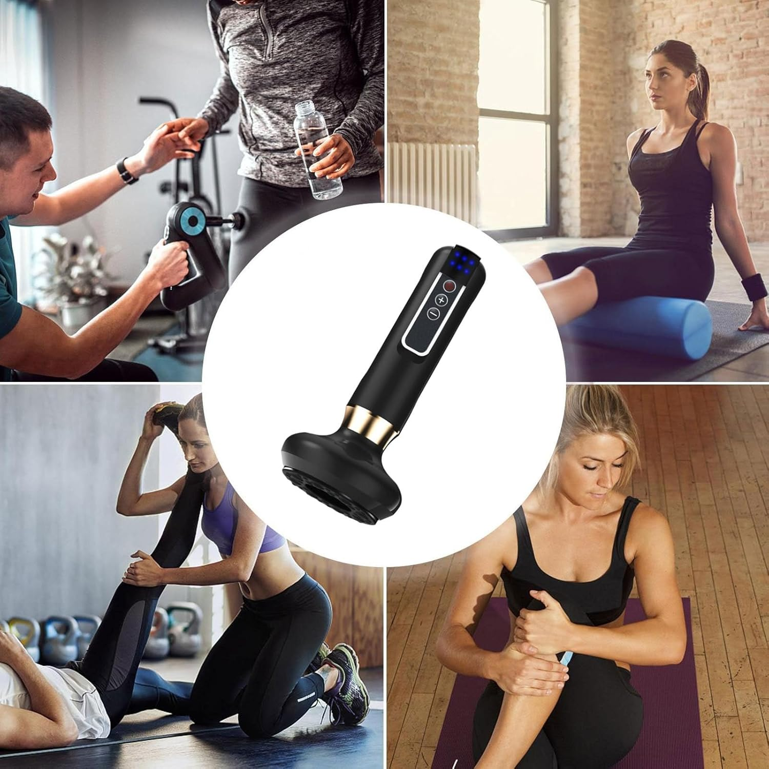 Vier Fitnessszenen: Massagepistole, Dehnen, Schaumstoffrolle und Beinübung.