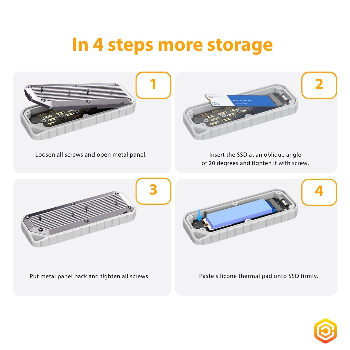 Anleitung in 4 Schritten zum Einbau einer SSD in ein Gehäuse.