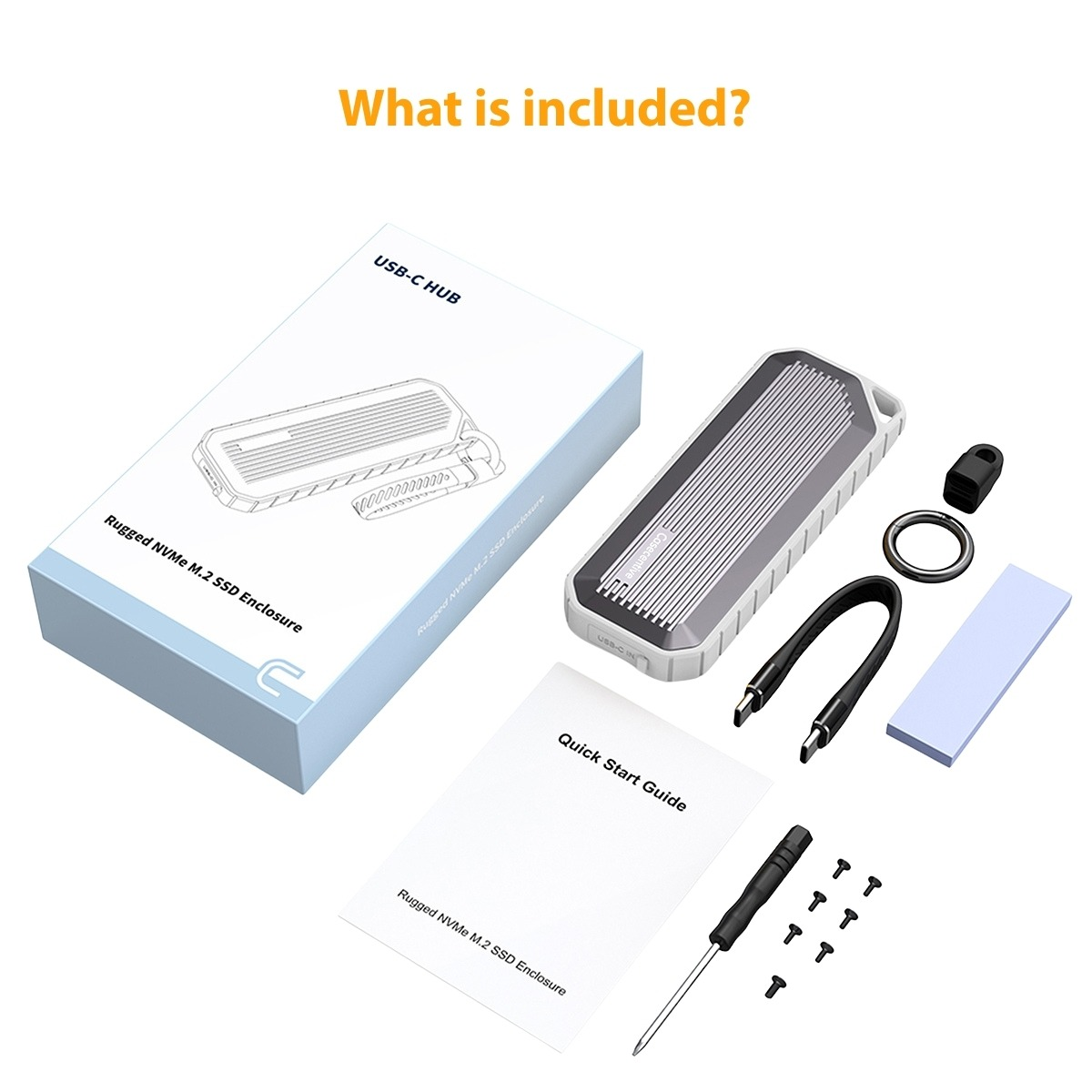 Inhalt: NVMe-SSD-Gehäuse, Kabel, Schrauben, Anleitung, Ring und Kappe.