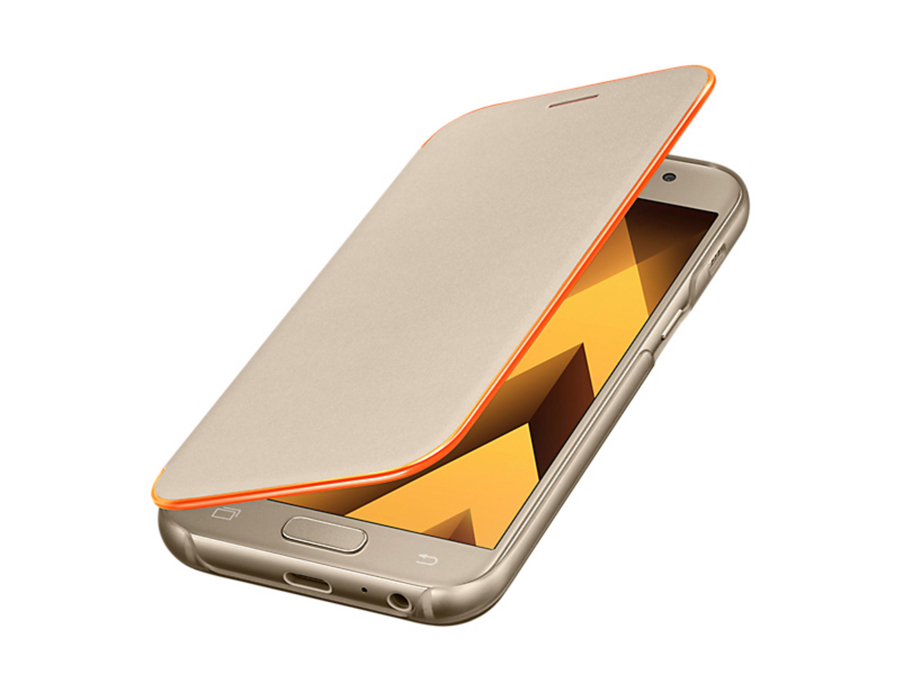 Ein goldener Smartphone-Deckel ist teilweise geöffnet und zeigt das Display.