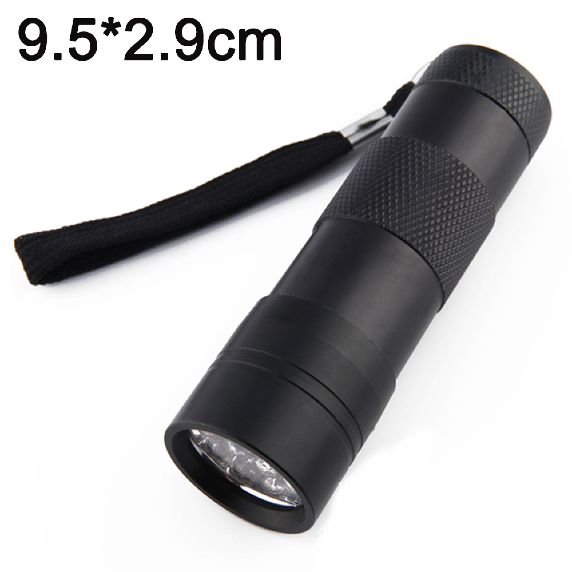 Schwarze Taschenlampe mit Lanyard, Maße 9,5 x 2,9 cm.