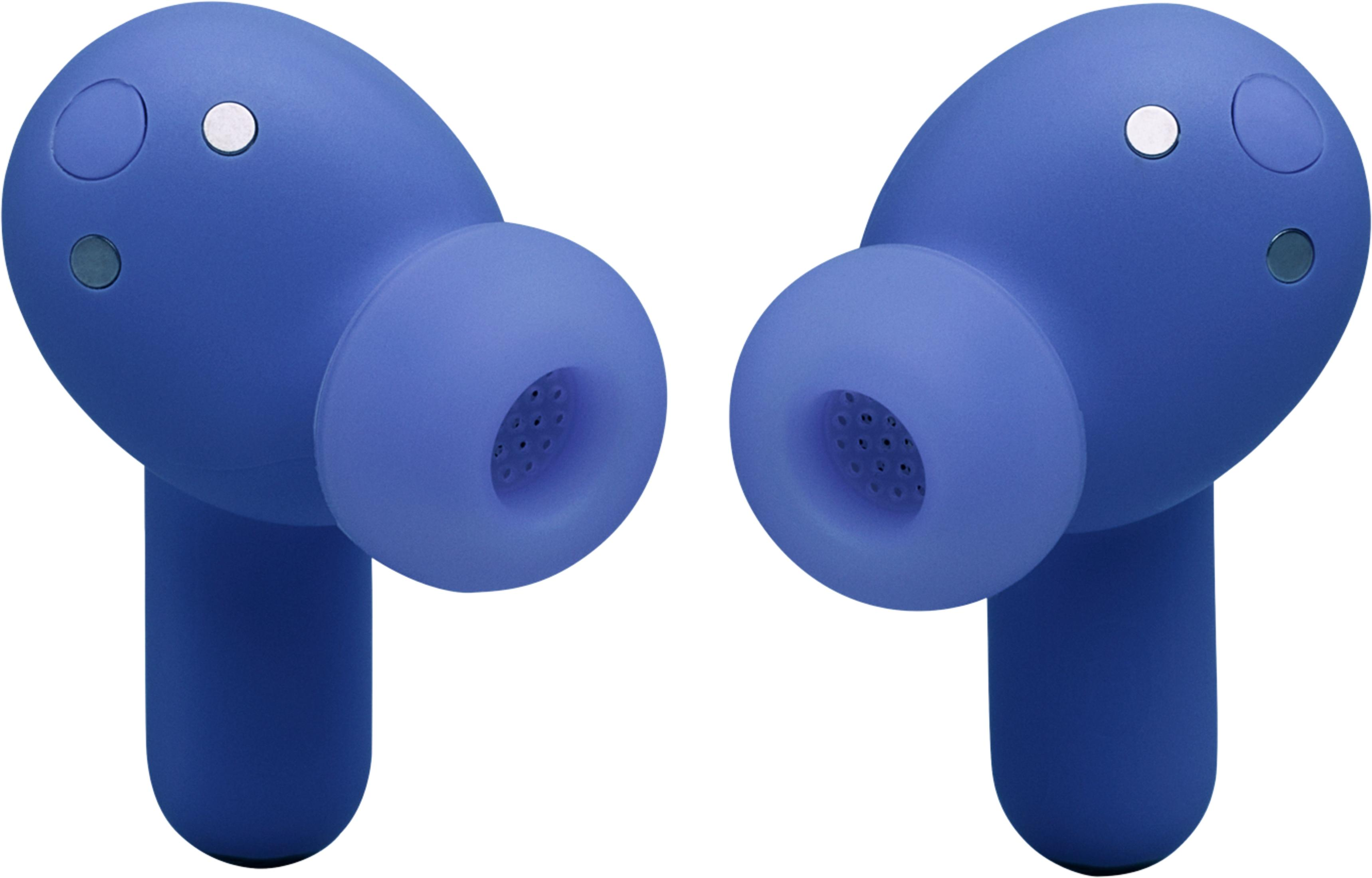 Due auricolari blu con contatti di ricarica e griglie altoparlanti.