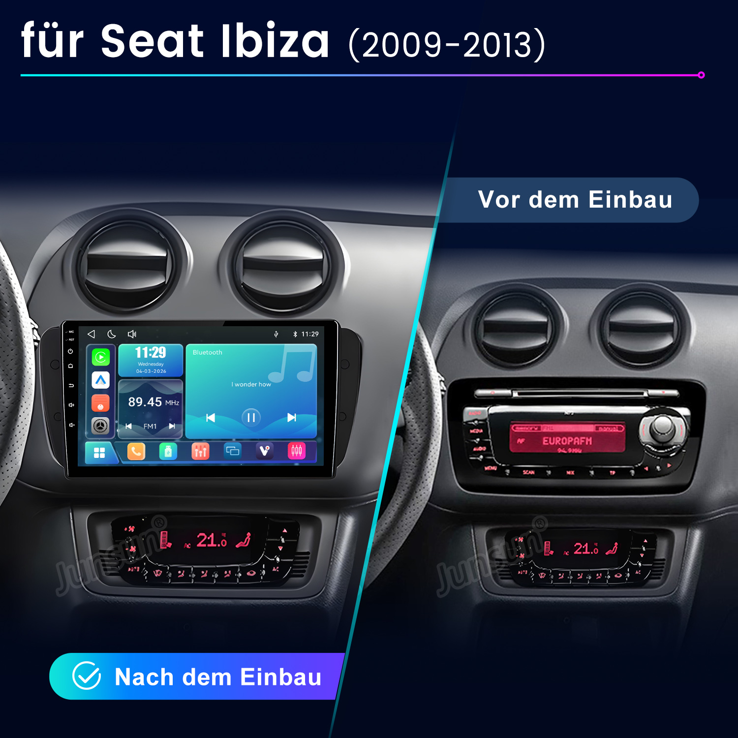Vorher/Nachher Vergleich eines Seat Ibiza Autoradios mit Touchscreen und Klimasteuerung.
