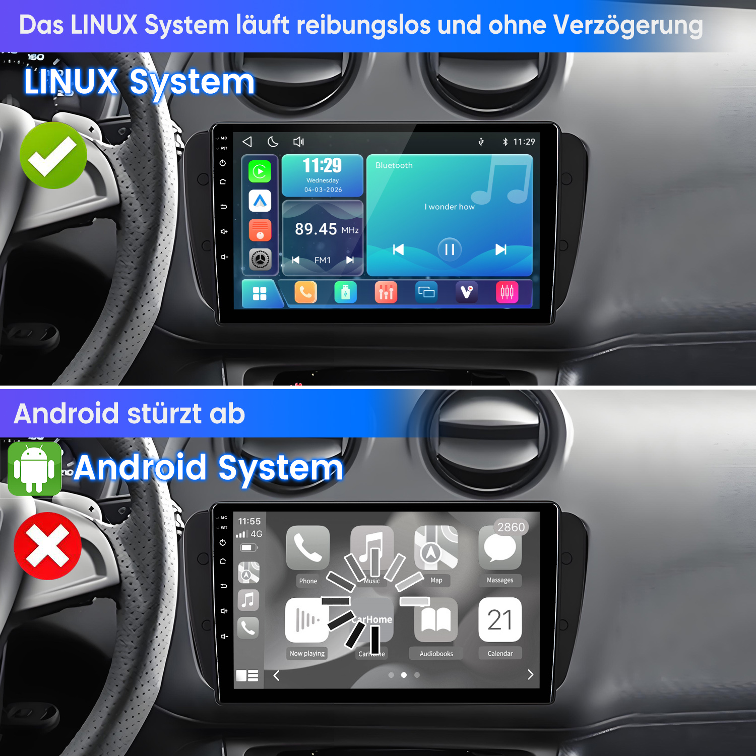 Vergleich von Autoradios: LINUX System (oben) läuft, Android System (unten) stürzt ab.