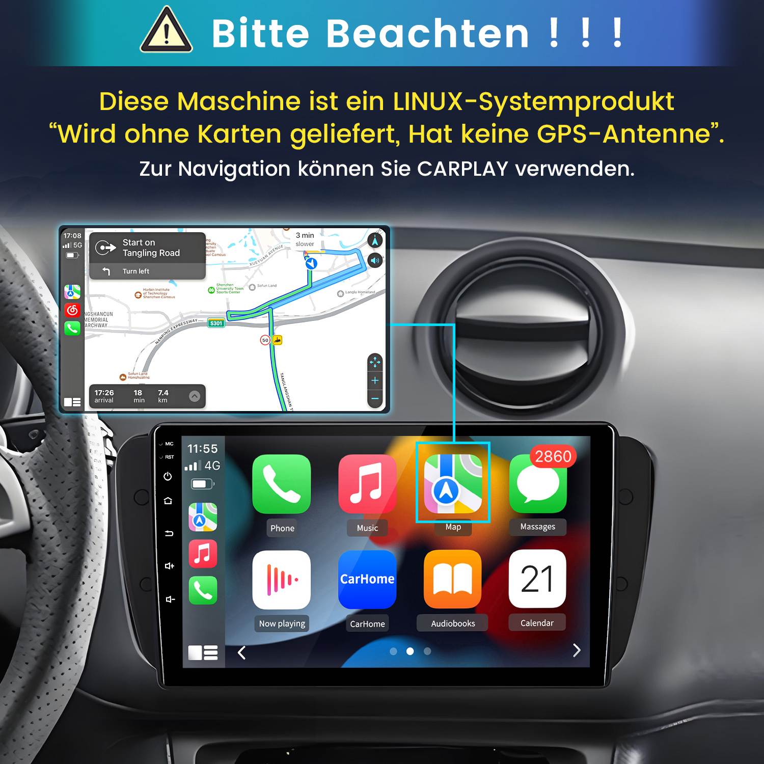 Ein Autoradio mit Navigations- und App-Ansicht. Mitteilung auf Deutsch.