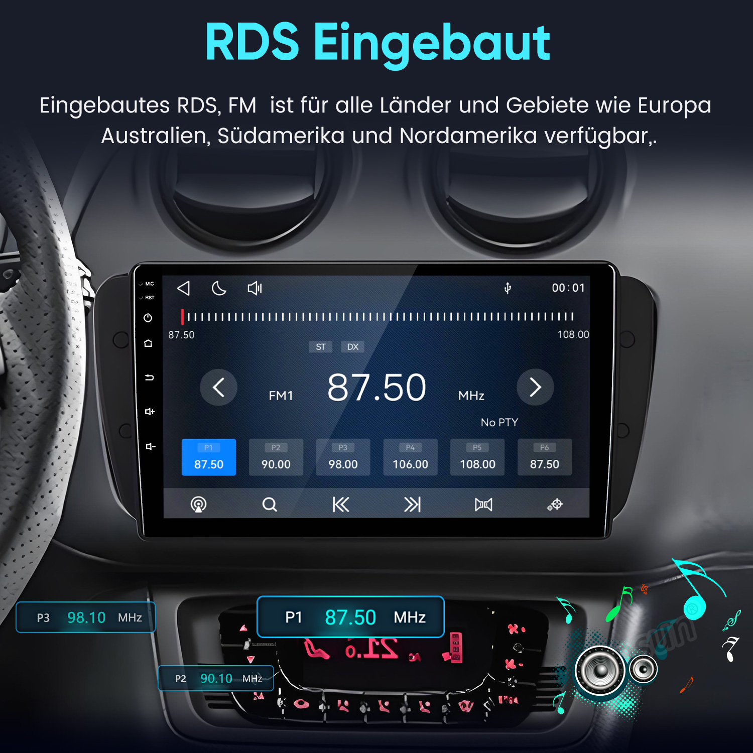 Auto-Infotainment-Bildschirm zeigt RDS-Radio mit Frequenzen und Speichern.