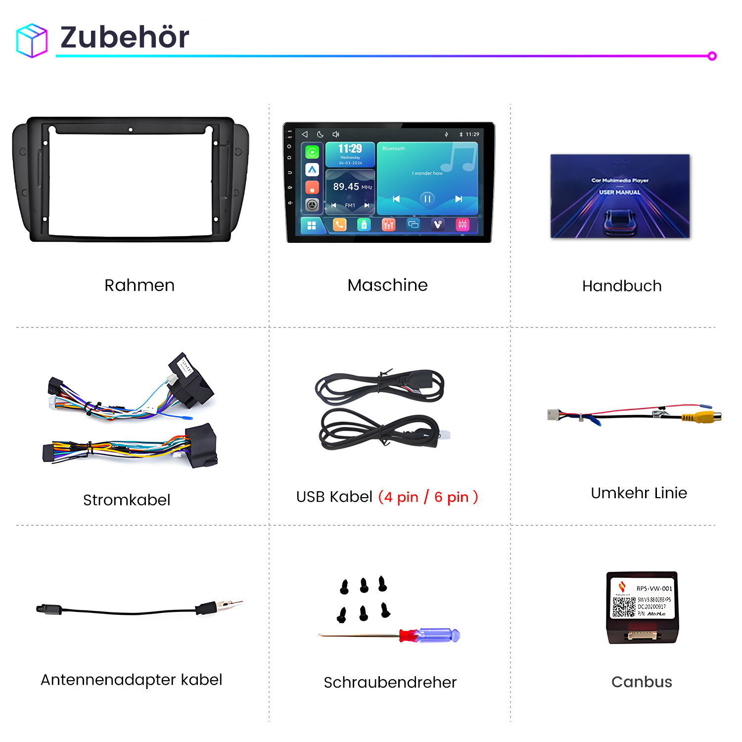 Zubehör: Rahmen, Maschine, Handbuch, Stromkabel, USB Kabel, Umkehr Linie, Antennenkabel, Schraubendreher, Canbus.